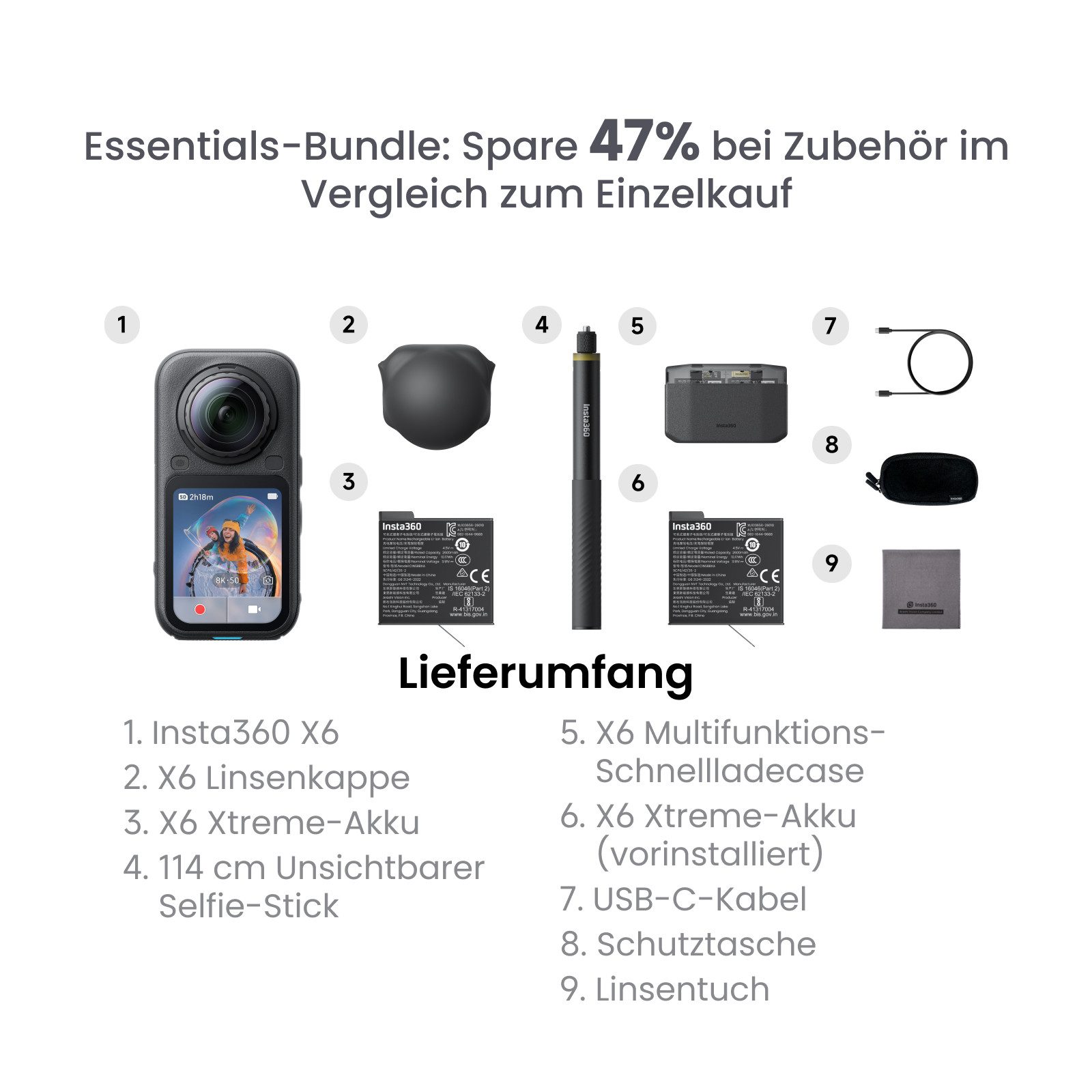 Insta360 Insta360 X6 – 8K 360 Grad Kamera mit 1/1,1"-Sensoren Action Cam (8K, WLAN (Wi-Fi), Bluetooth) schwarz