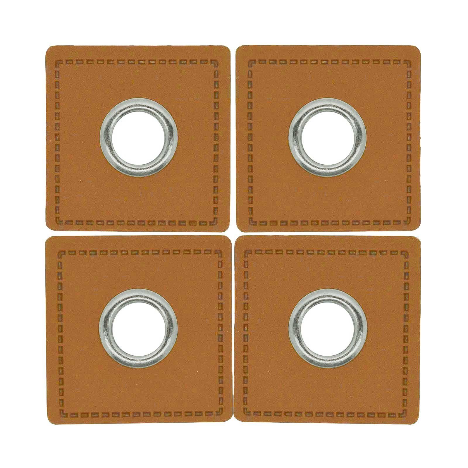 maDDma Aufnäher 4 Metall-Ösen auf Kunstleder 35 x 35 mm, Farbwahl, Lederimitat, Metall, hellbraun Öse silbern