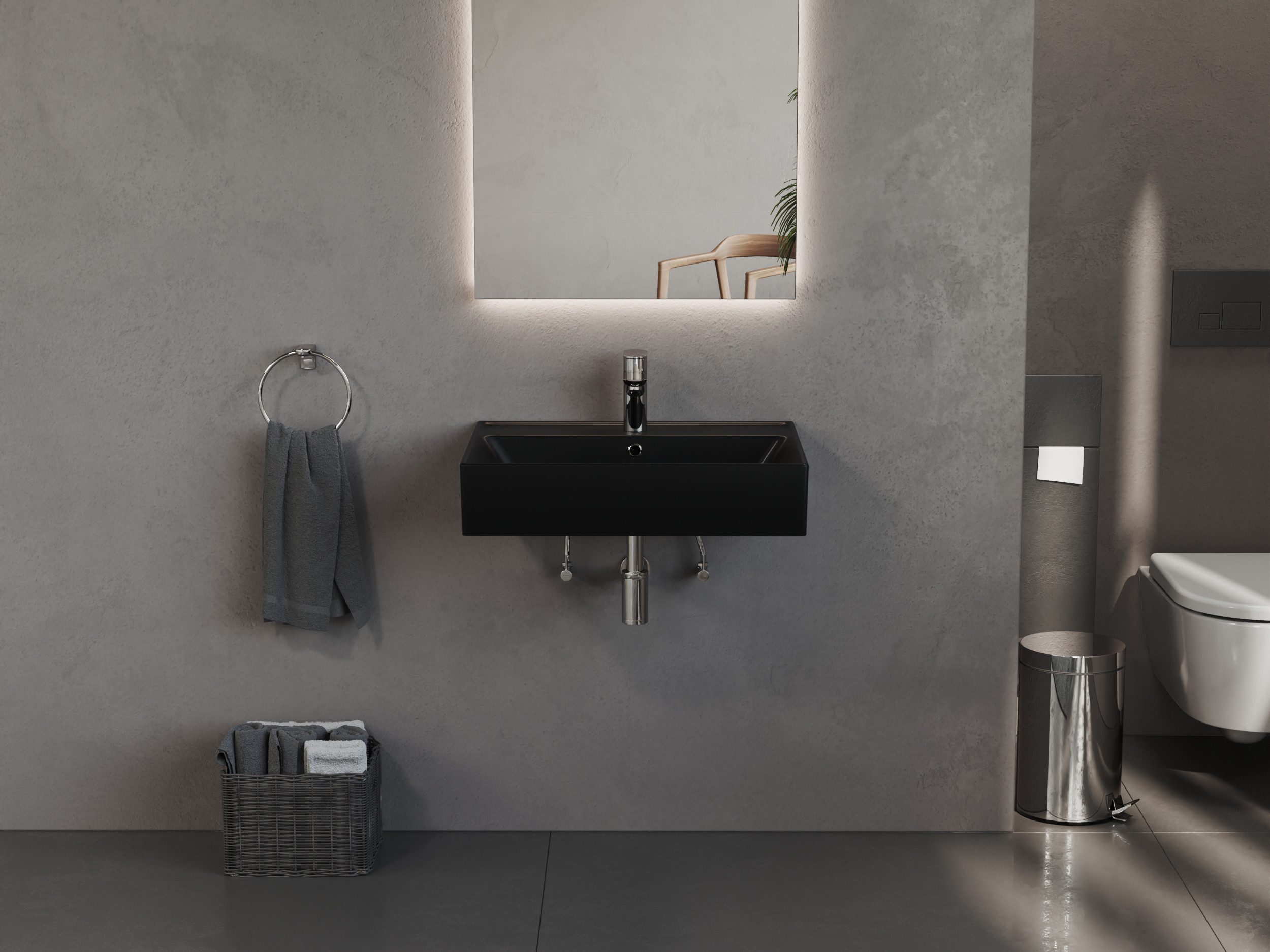 Aqua Bagno Aufsatzwaschbecken Waschbecken schwarz matt 60cm eckig Wandmontage Waschtisch (Keramikwaschbecken)