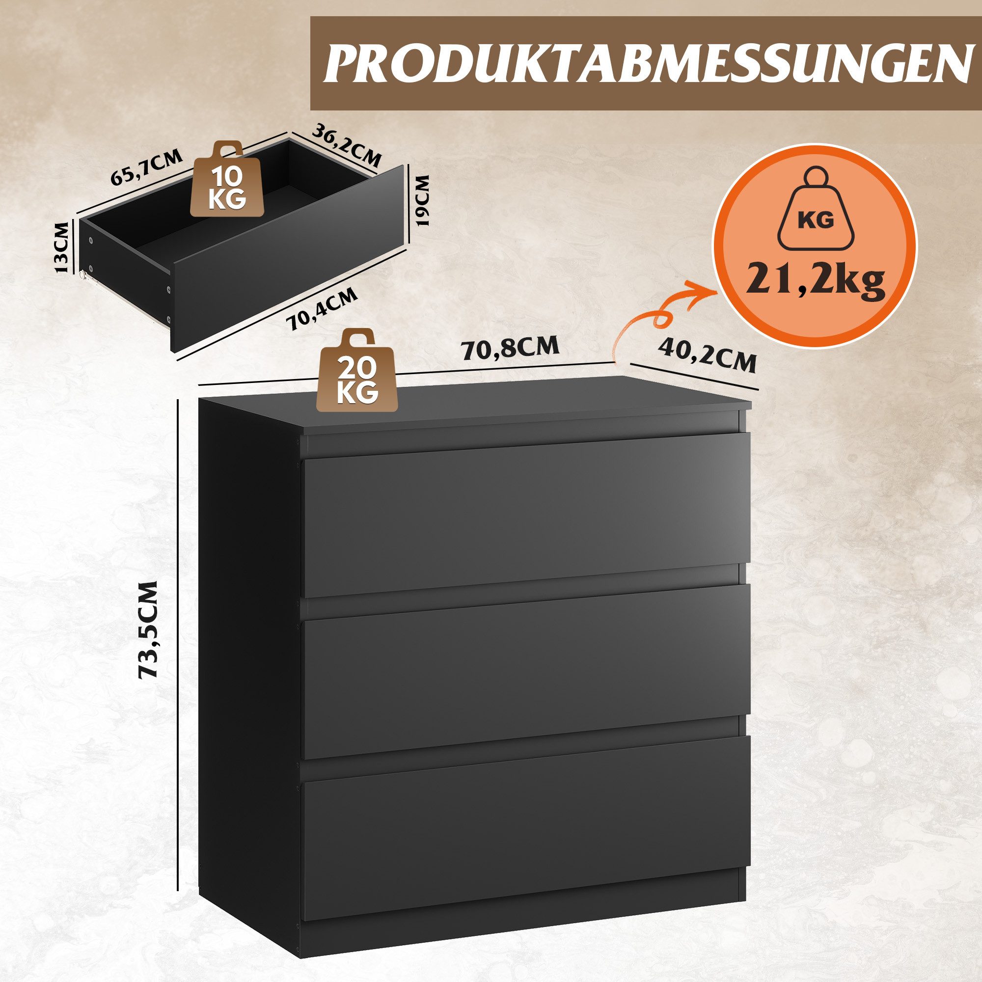 WLIVE Kommode Schubladenkommode mit 3 Schubladen, Sideboard, Breit 70,8 cm, (Packung), Modernes Design ohne Griffe, Mehrzweckschrank für Schlafzimmer,Schwarz