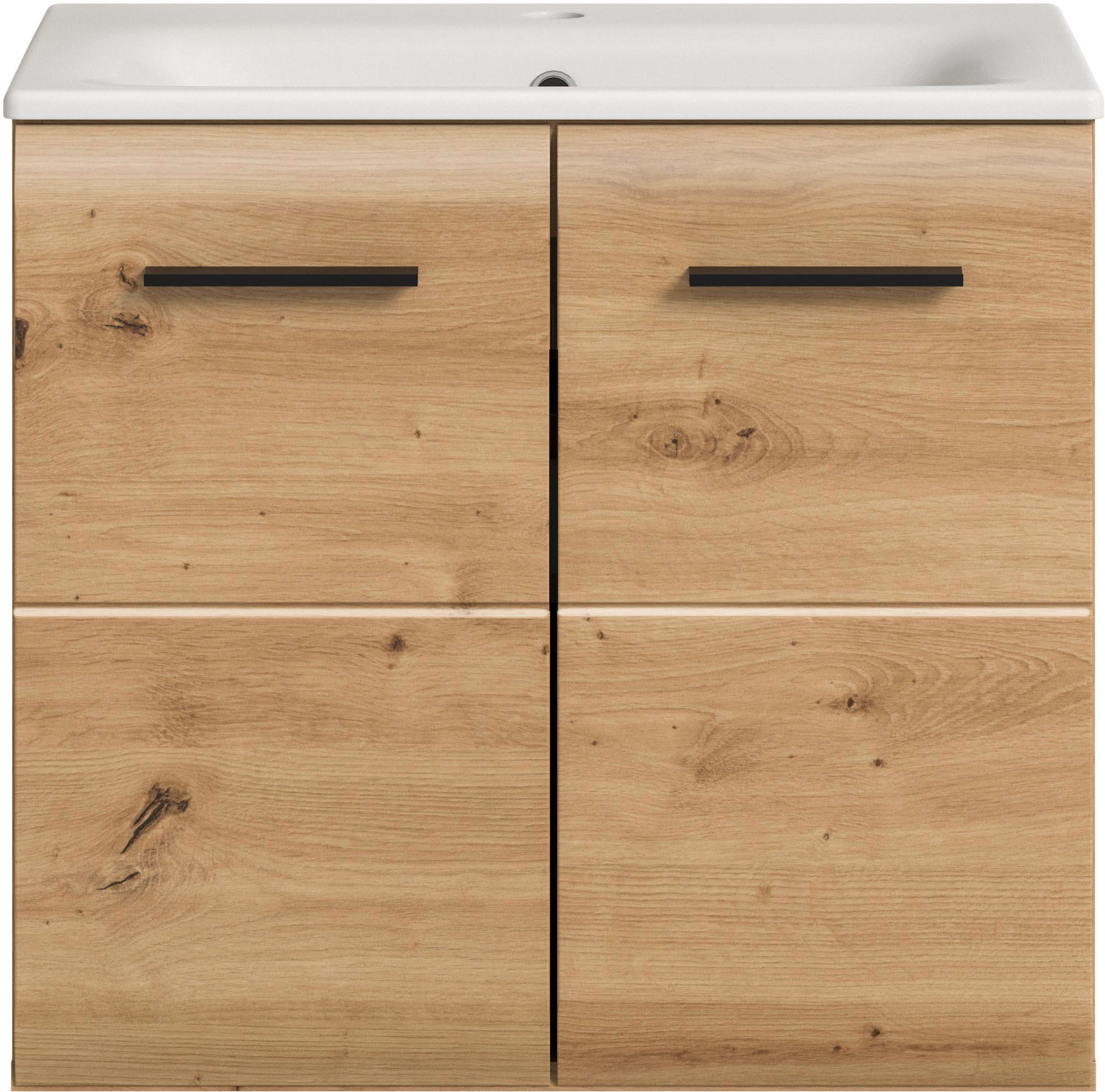 welltime Waschbeckenunterschrank FLORENZ, Breite 60 cm, inkl. Waschbecken, hängende Montage (2-St., TOPSELLER) hochwertige MDF Front, Griff schwarz, Badschrank, – Bild 3 von 5
