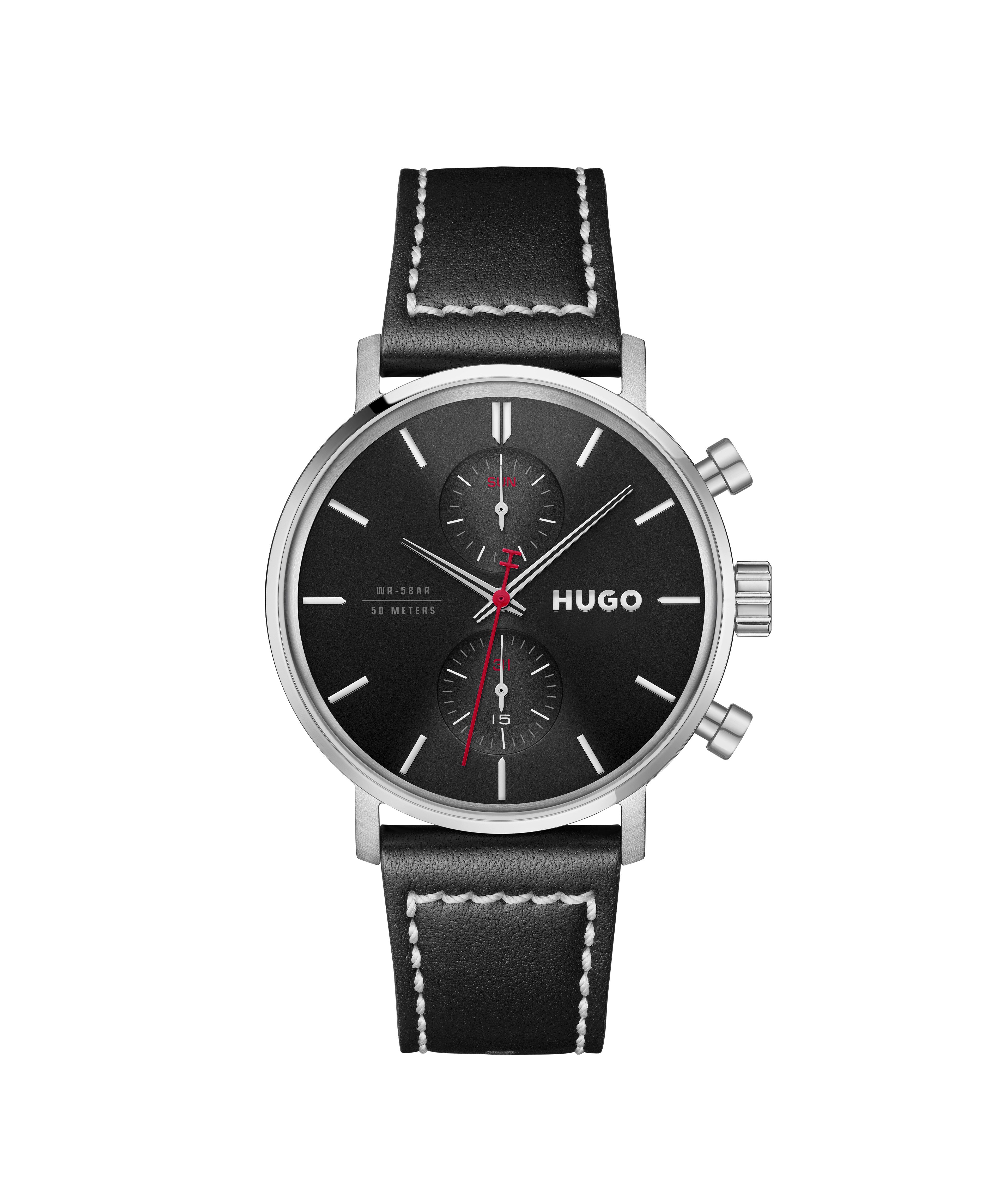 HUGO Multifunktionsuhr #TAKEOFF 1530465, Quarzuhr, Armbanduhr, Herrenuhr, Lederarmband, analog