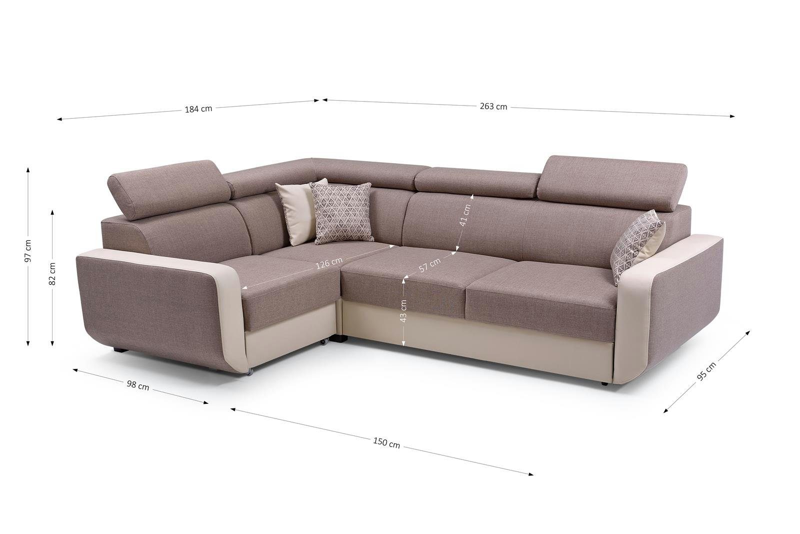 mit MILO Polstersofa madryt (inari 23 Schlaffunktion 912) braun Beautysofa + Ecksofa Bettkasten und Ecksofa