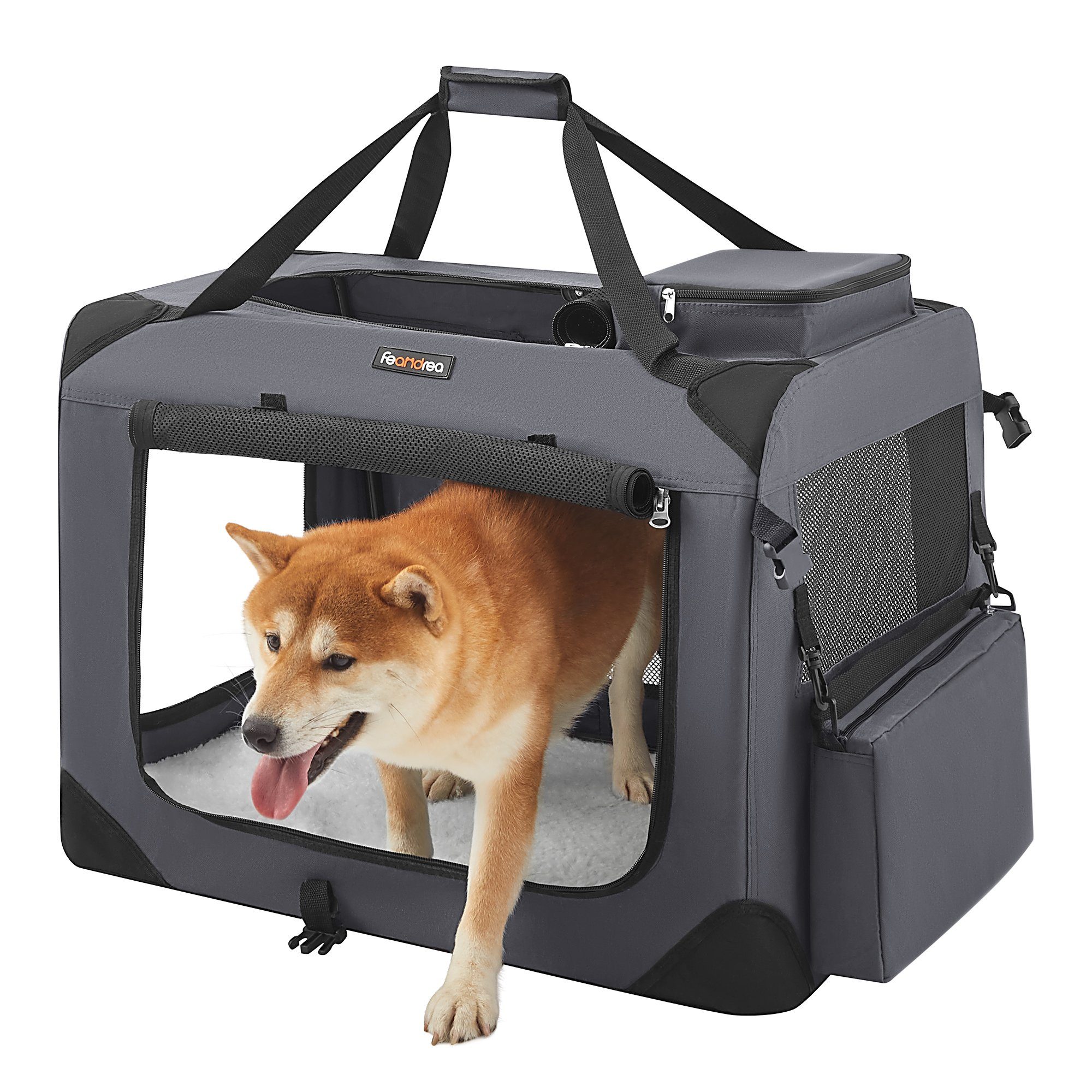 FEANDREA Tiertransporttasche Hundebox faltbar, Transportbox Hund, Hundetasche, mit Griffen, Taschen bis 16,00 kg, L, Oxford-Gewebe, Netzstoff, Metallrahmen, 70 x 52 x 52 cm, grau