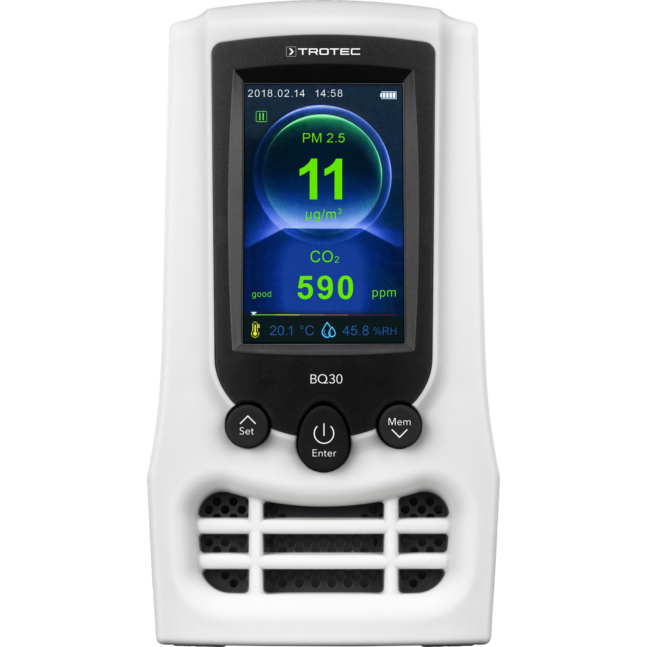 TROTEC Klimamesser CO2-Luftqualitätsmonitor und Partikelmessgerät BQ30, Anzeige von CO2-Belastung, aktueller Raumtemperatur und