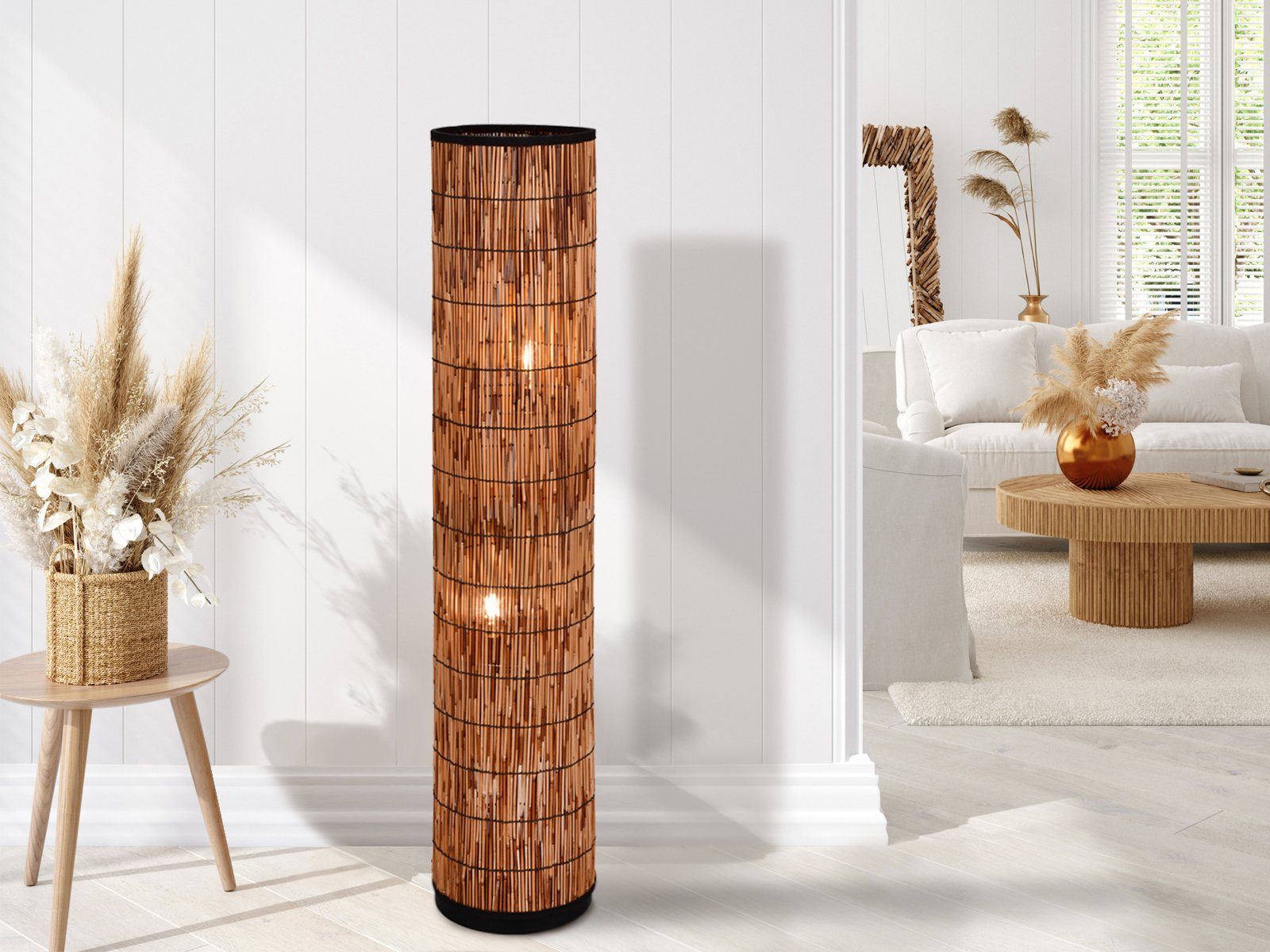 meineWunschleuchte Stehlampe, aus Rattan im Vintage Boho Stil