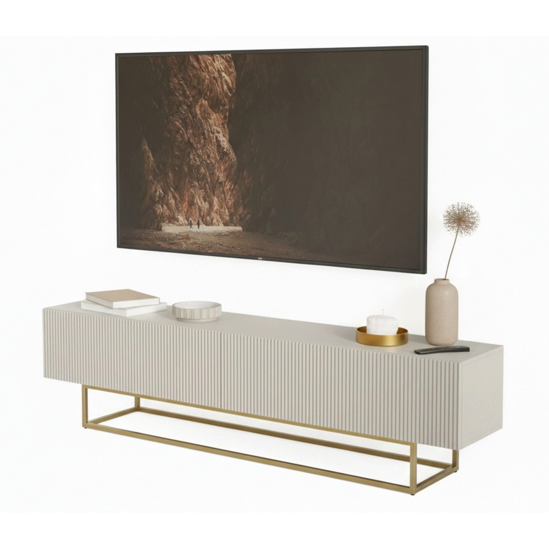 Selsey TV-Schrank VELDIO TV-Lowboard 175 cm – Riffel-Optik und Metallgestell in Gol