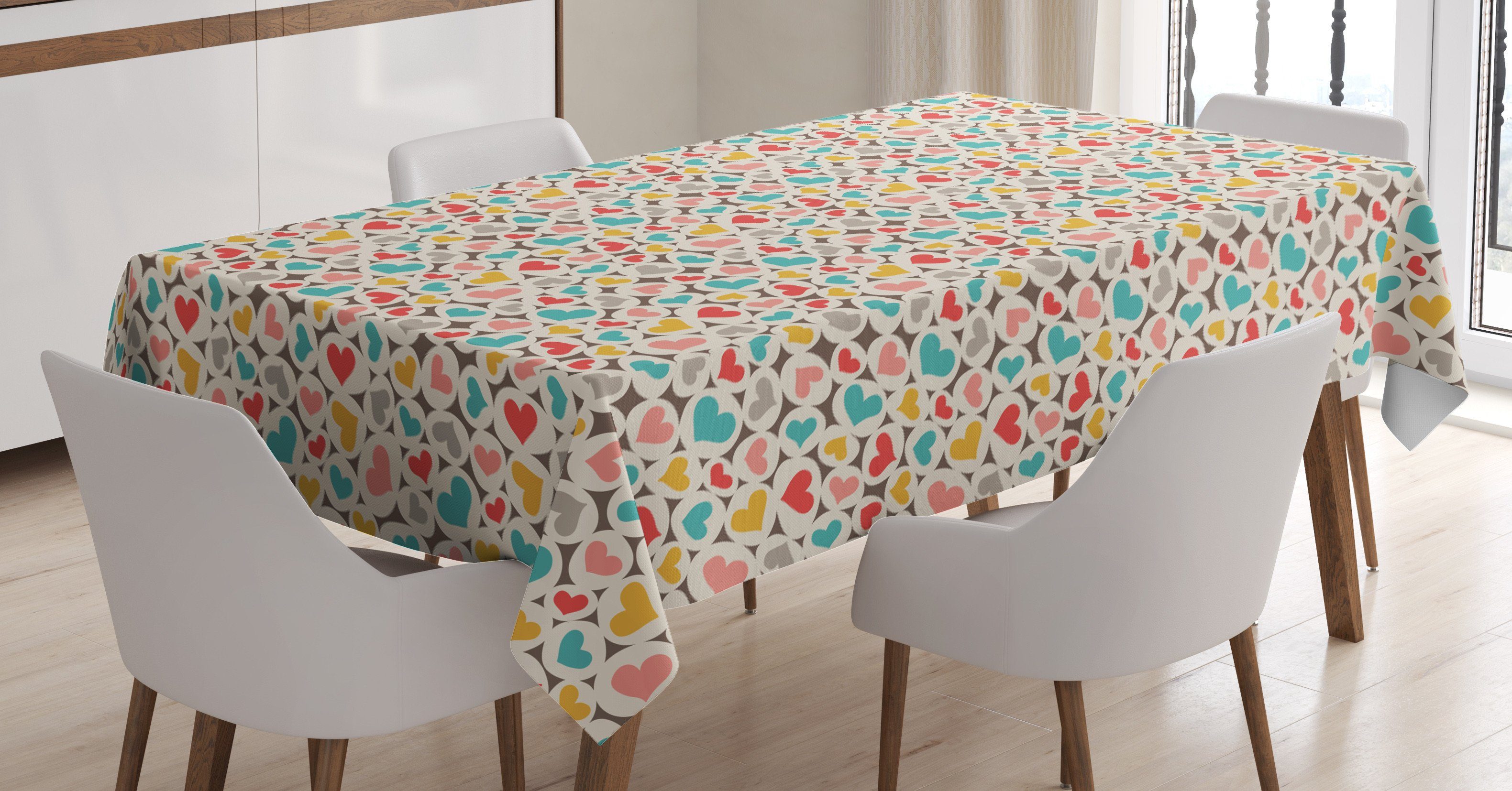 Abakuhaus Tischdecke Farbfest Waschbar Für den Außen Bereich geeignet Klare Farben, Liebe Herzen in den Retro Farben