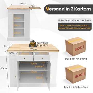 COSTWAY Küchenbuffet klappbare Arbeitsplatte, 120cm breite, weiß