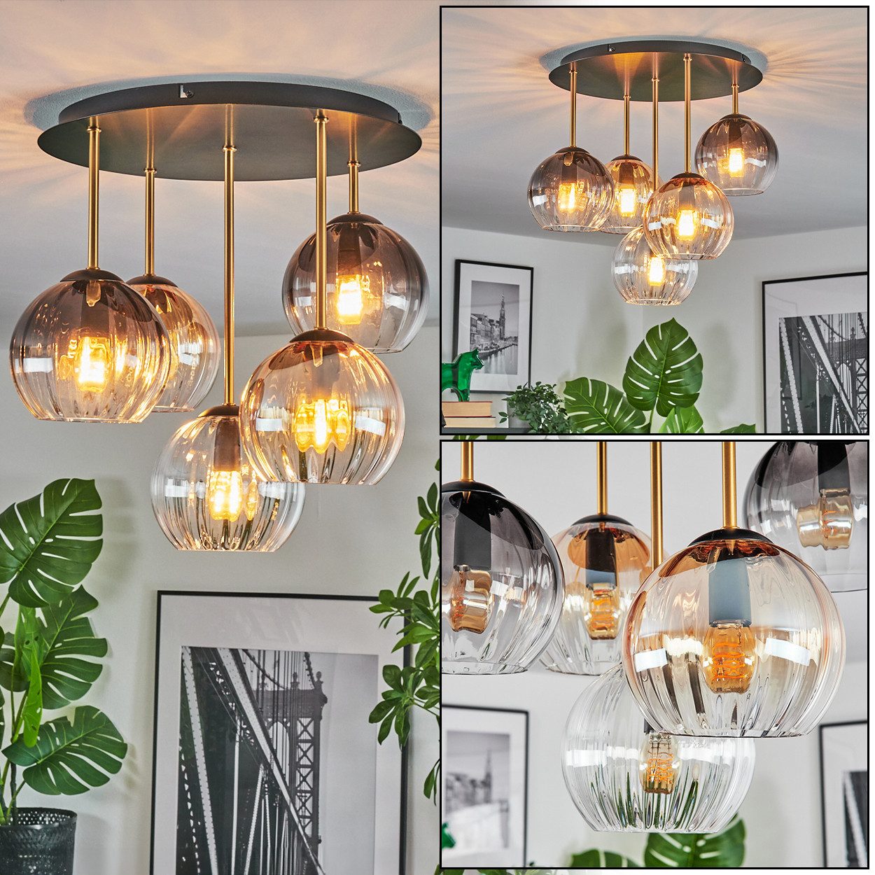 hofstein Deckenleuchte Deckenlampe aus Metall/Riffelglas im Retro/Vintage-Design, 5 x E14, ohne Leuchtmittel, moderne Deckenleuchte in Schwarz/Messing/Rauch/Bernstein/Klar