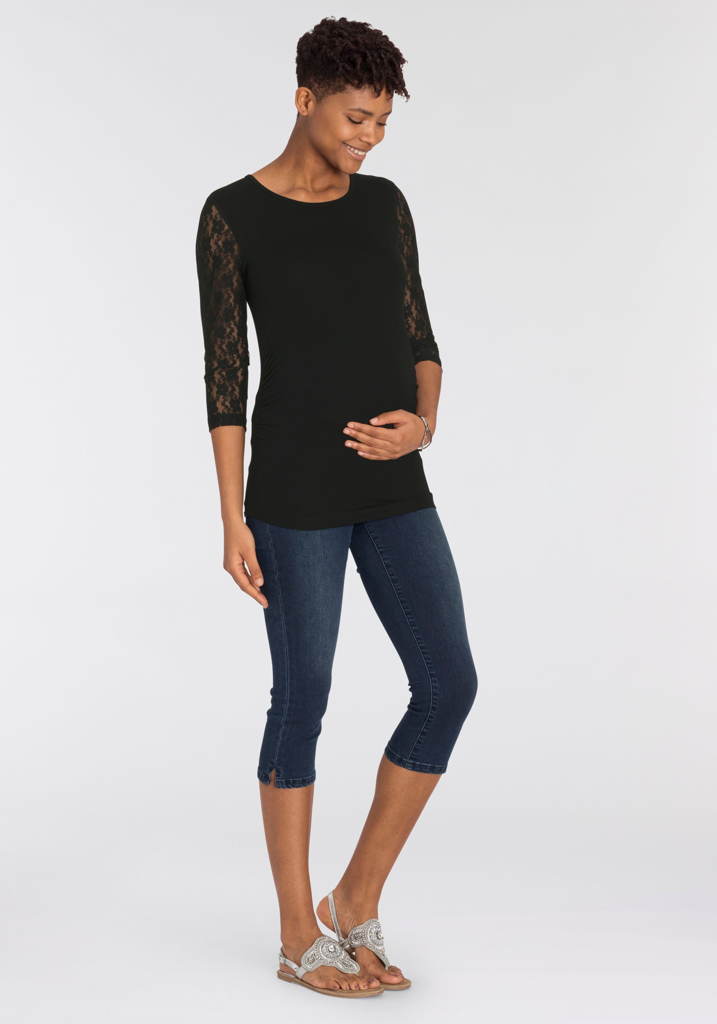 Nine-month maternity shirt, figure-hugging cut for pregnancy and breastfeeding, hip-length fit, round neck