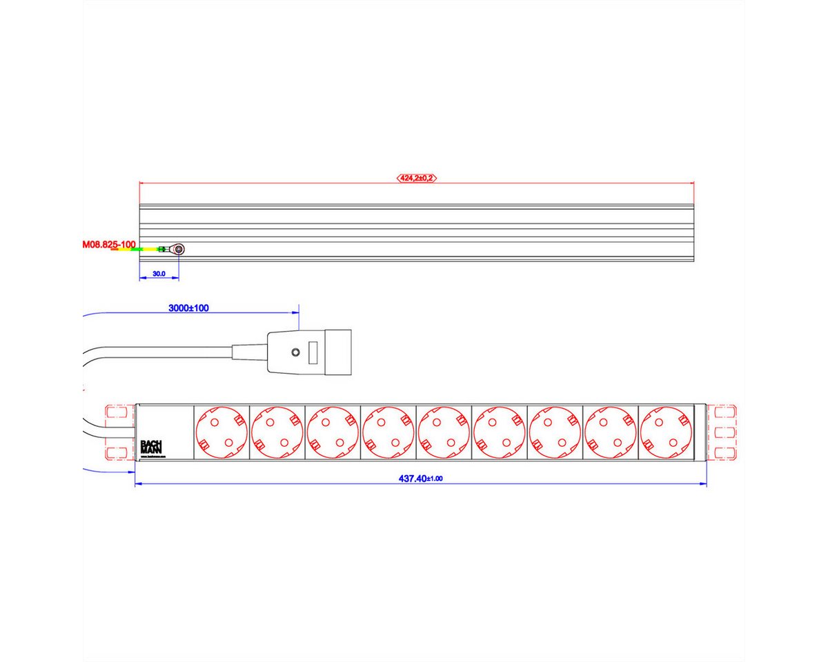 Thumbnail - Bachmann 19" Steckdosenleiste 9x Schutzkontakt C20-Stecker Steckdosenleiste (Kabellänge 2 m)