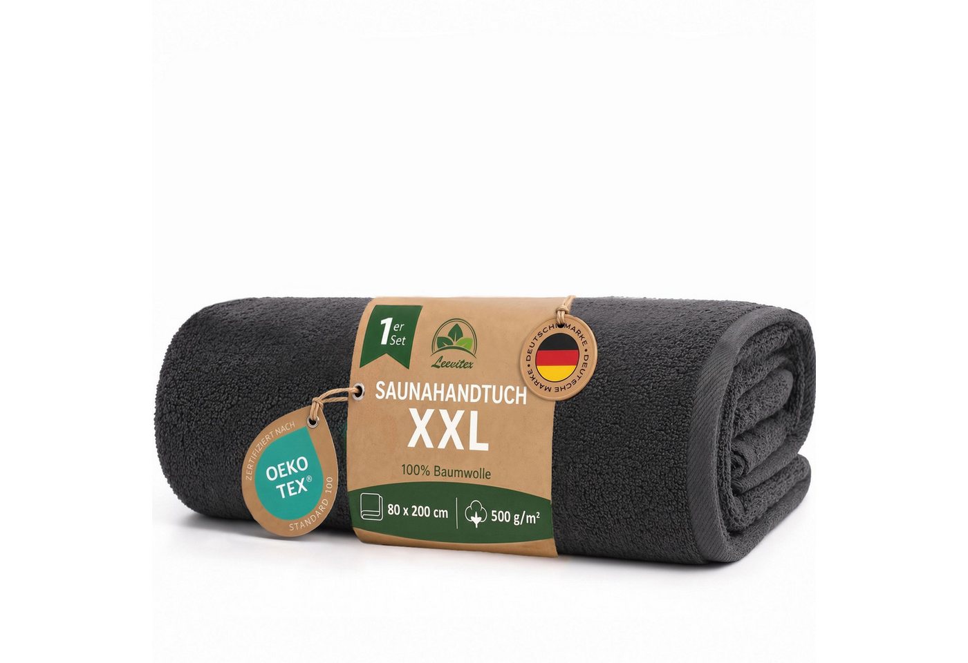 leevitex® Saunatuch, 80x200 cm, 100% Baumwolle, saugstark und fusselfrei, Frottee (1-St), OEKO-TEX® STANDARD 100 zertifiziert, gestreifte Bordüre