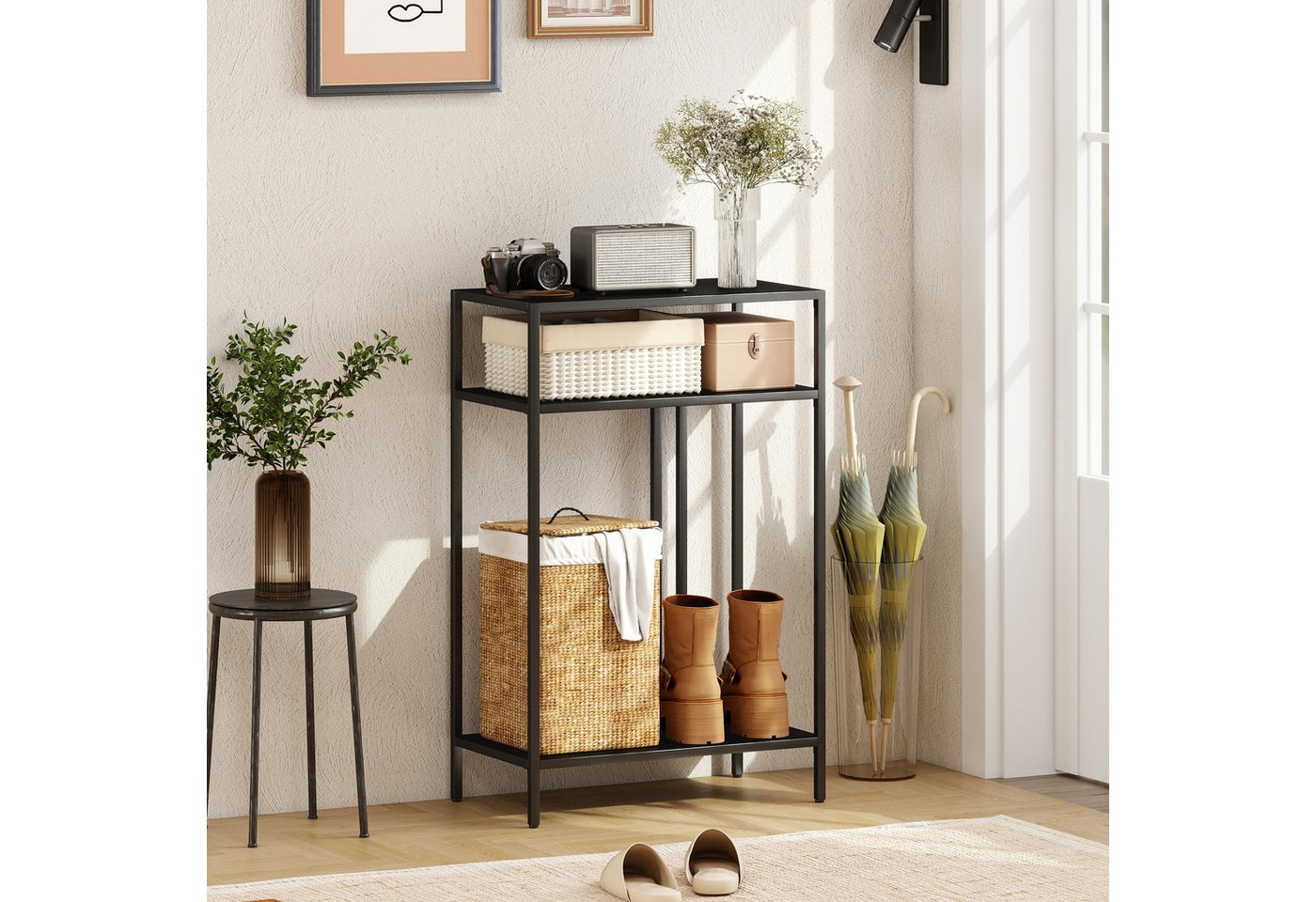 HOMCOM Konsolentisch Schmaler Flurtisch mit 3 Ebenen, Beistelltisch in Schwarz (Schmaler Flurtisch, 1-St., Beistelltisch), schmaler Konsolentisch, reine Metallkonstruktion