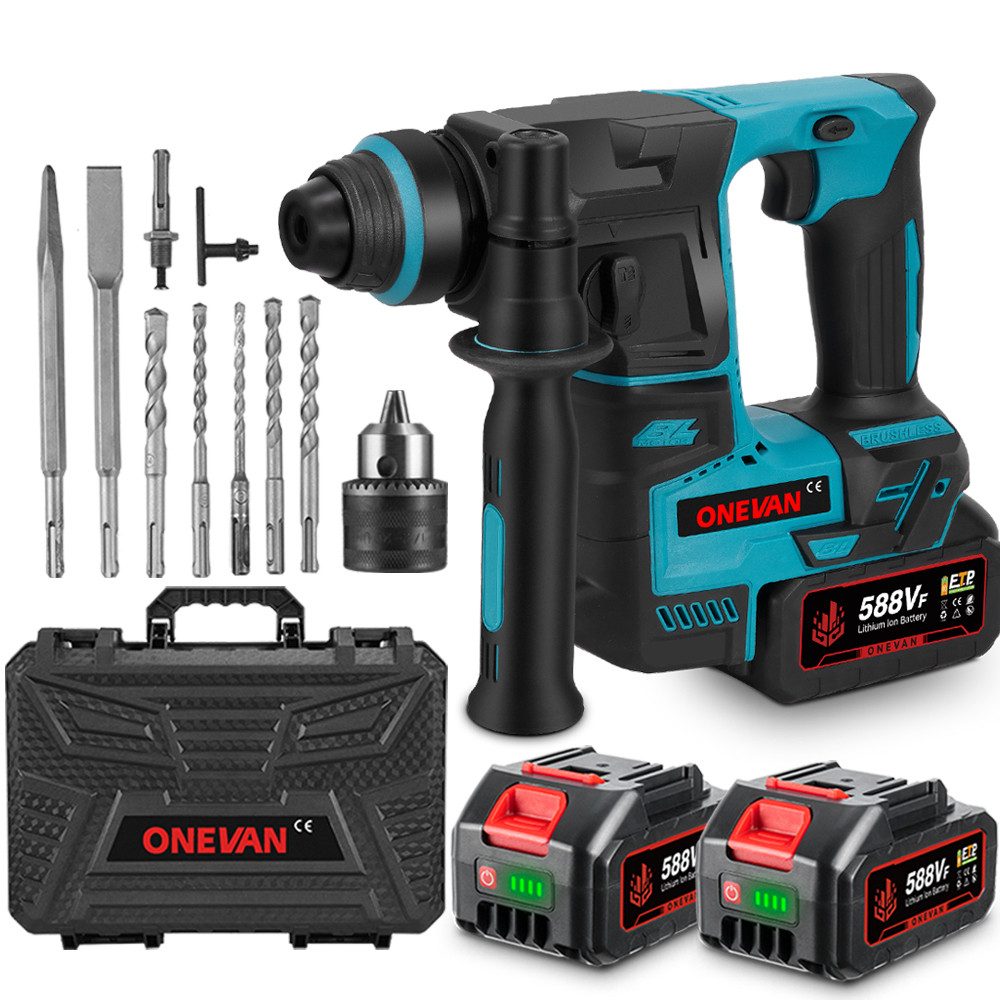 ONEVAN Akku-Bohrhammer Bürstenloser SDS-Plus Schlagbohrhammer mit 2x Akkus, günstig online kaufen