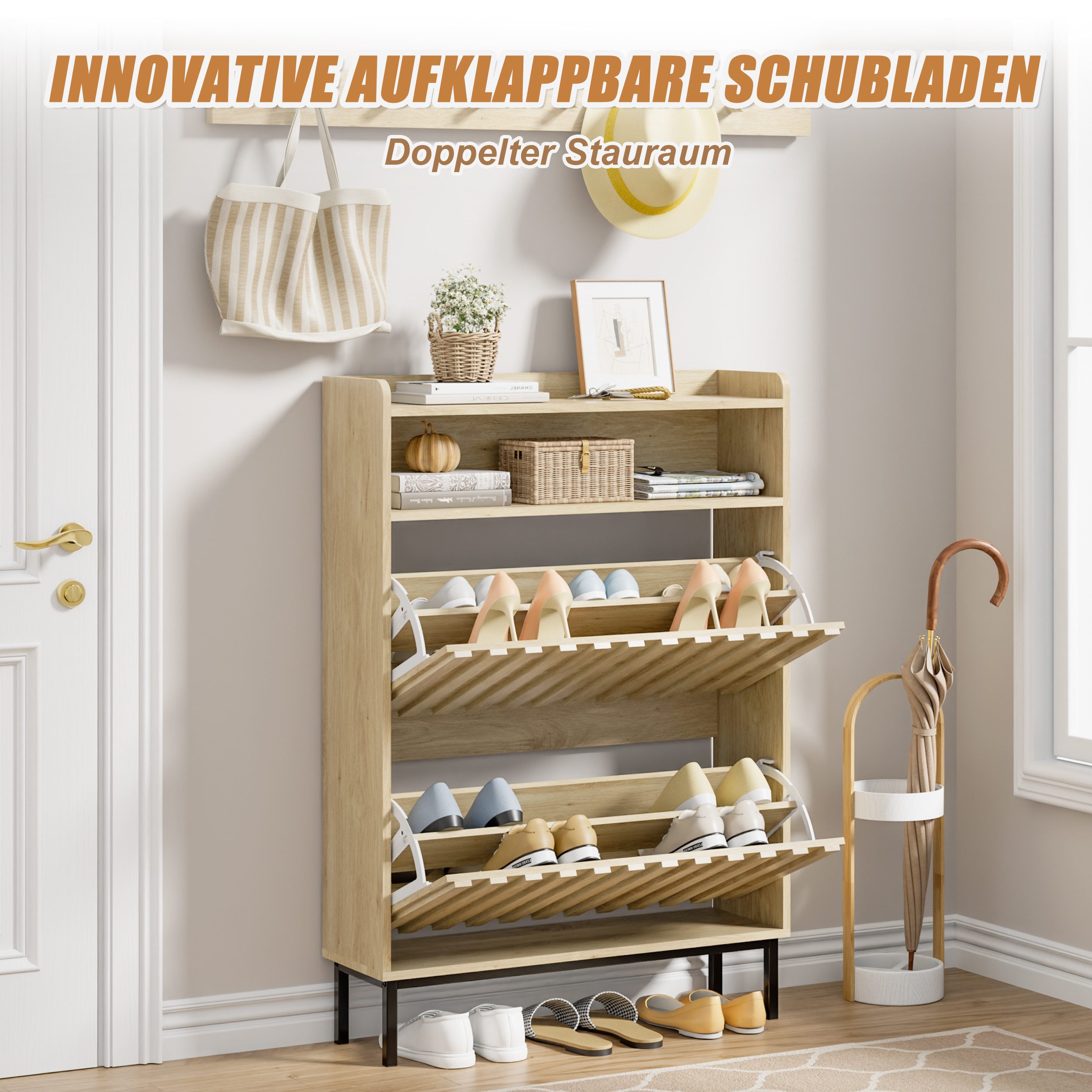 UEV Schuhschrank mit 2 Klappen Schuhregal Schukipper schmal platzsparend (Modern Schuhaufbewahrung mit Oberplatte Platzsparend, Anti-Kipp-Vorrichtung für Eingan – Bild 4 von 5