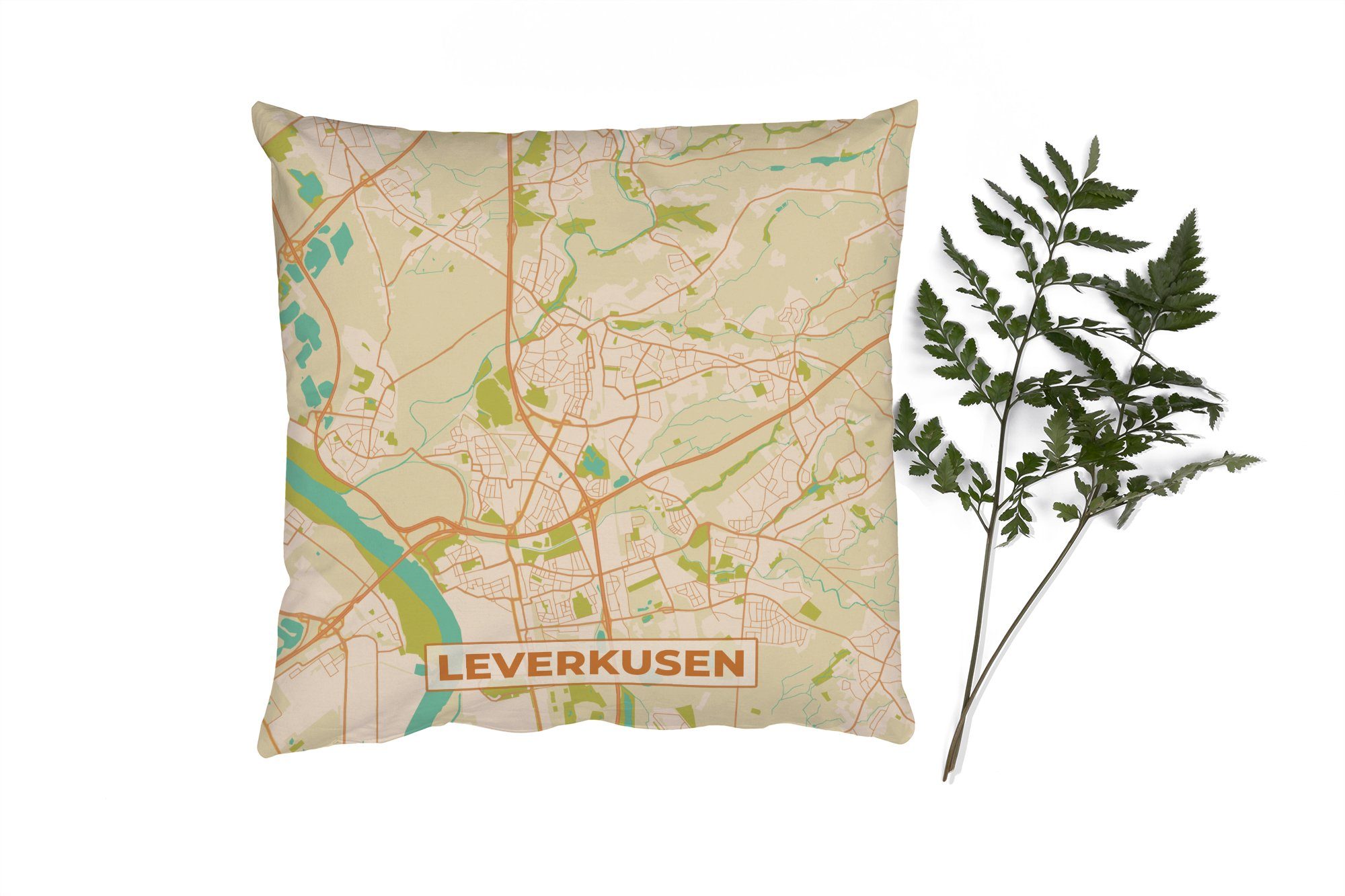 MuchoWow Dekokissen Jahrgang - Karte - Leverkusen - Stadtplan, Zierkissen mit Füllung für Wohzimmer, Schlafzimmer, Deko, Sofakissen