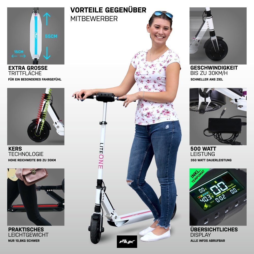 eFlux E-Scooter Lite One Elektro km Tempomat - - bis W, - km/h, 30 30,00 Lithium-Ionen Scooter Weiß/Türkis klappbar, Reichweite Akku kein tlg), ABE, 500,00 (1 Roller