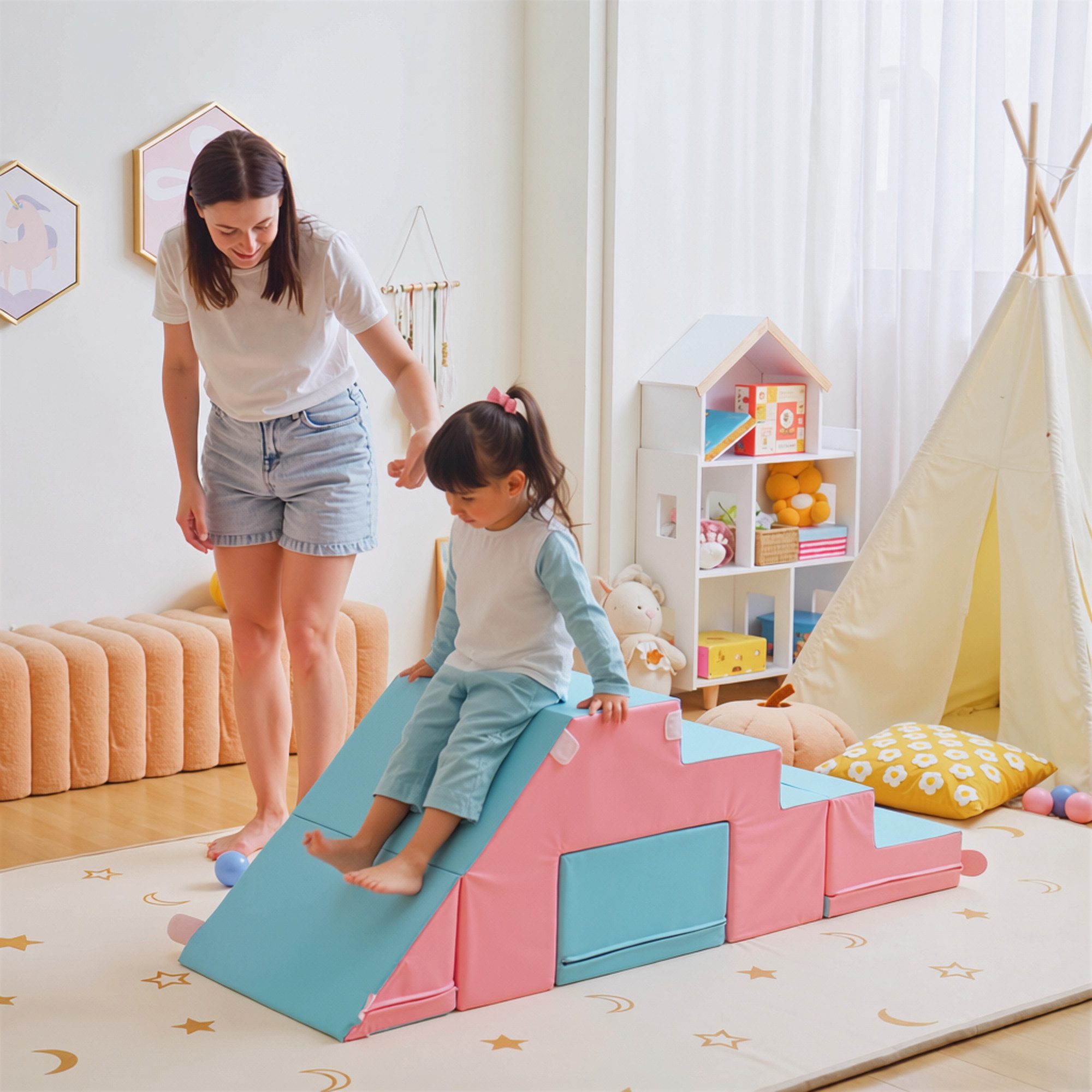 HOMCOM Schaumstoff Bausteine Kinder Softbausteine Weiche Rosa+Blau Spielbausteine, (Bauspielzeug, 2 St., Schaumstoffblöcke), für 1-3 Jahre alt Kinder Kunstleder EPE