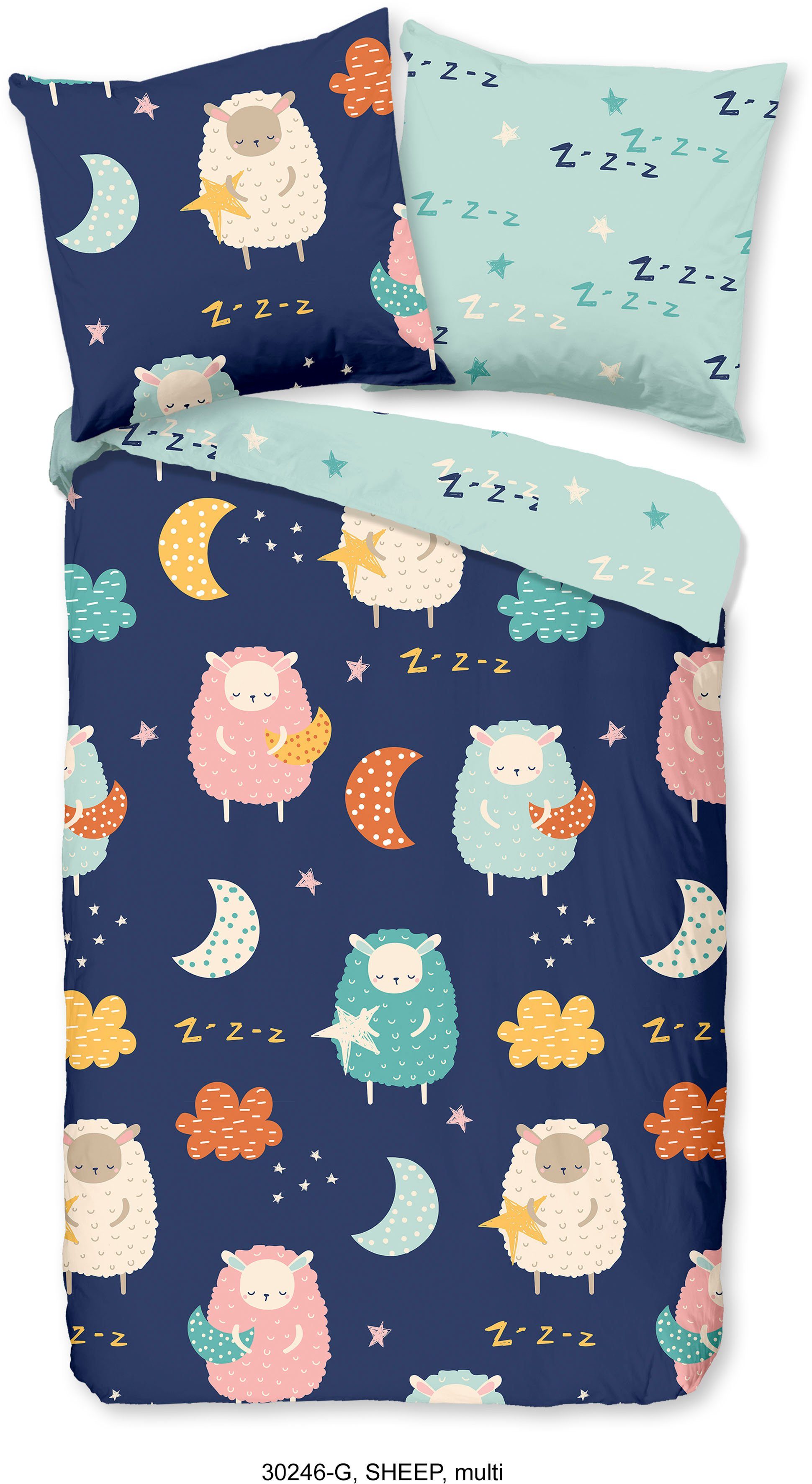 good morning Kinderbettwäsche Sheep Sleep, Renforcé, 2 teilig, Baumwolle, 135x200, Reißverschluss, Wendeoptik, Kind, Schafe, Blau – Bild 2 von 5