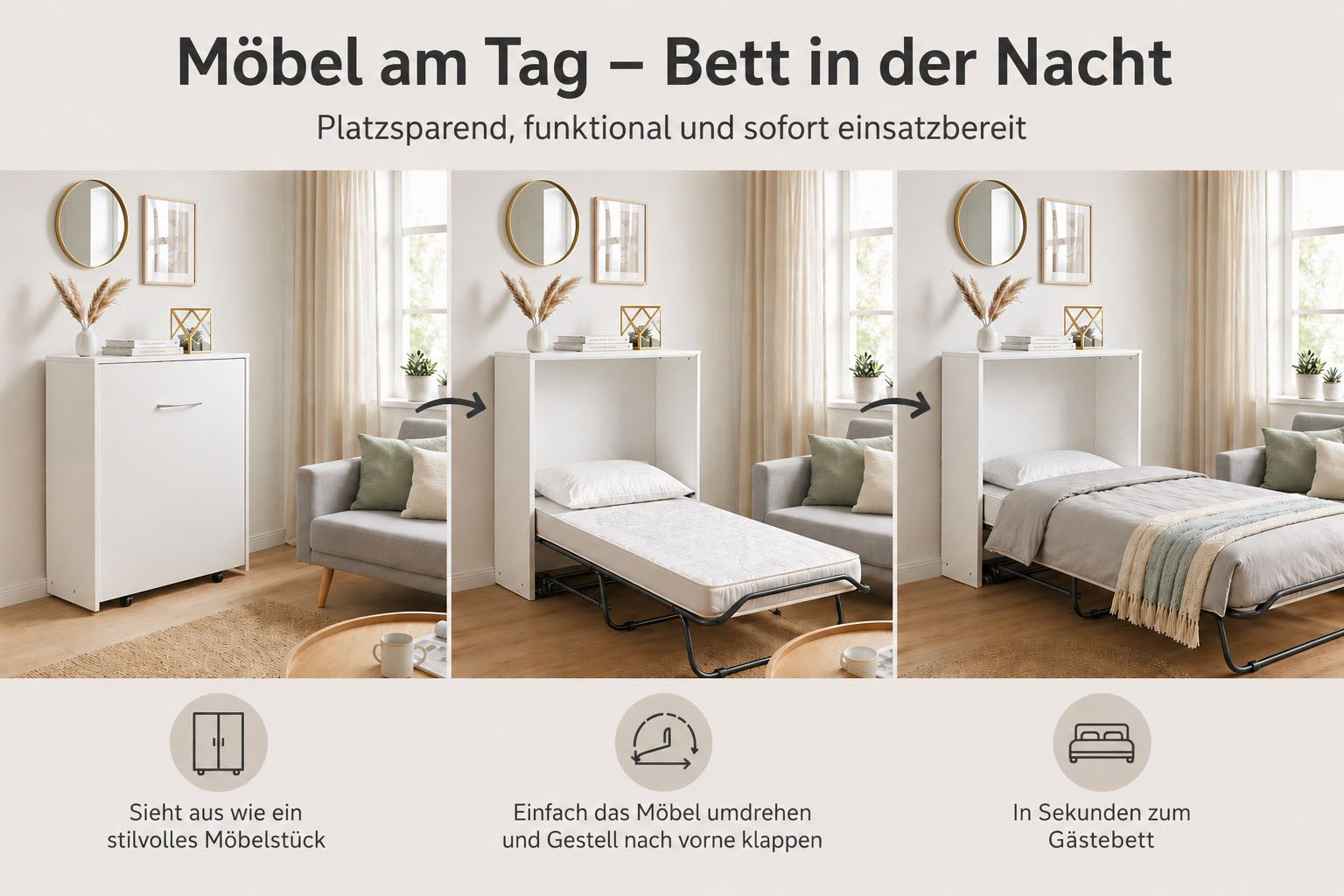 Home affaire Schrankbett Sognum als Gästebett nutzbar, Wandklappbett in Kommodenoptik inkl. Matratze, platzsparendes Klappbett, optimal für kleine Räume