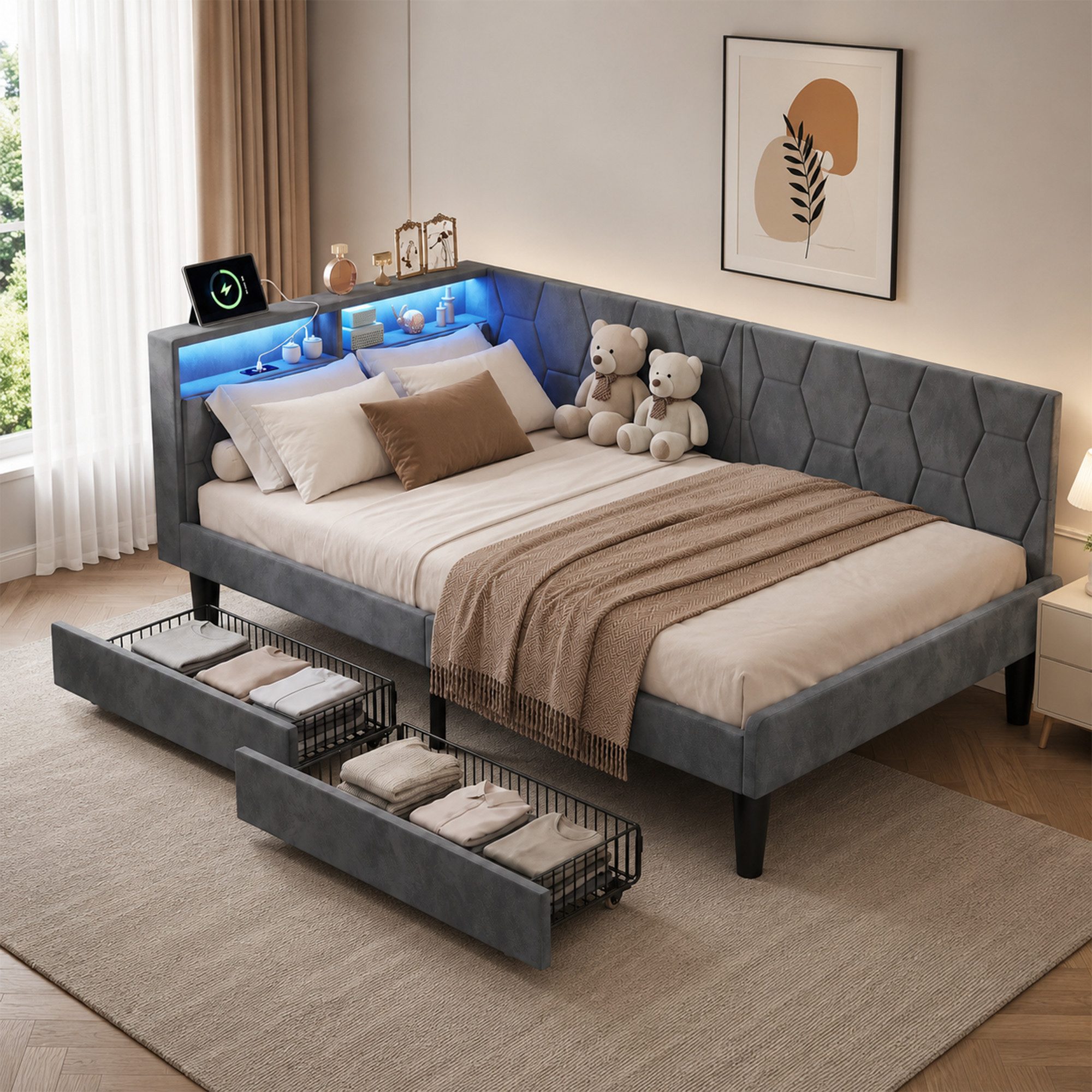 Simurq Einzelbett Polsterbett 90x200 mit Stauraum, Einzelbett mit Schublade (Stauraum-Schublade, Seitenschutz, USB & Type-C, Samt), …