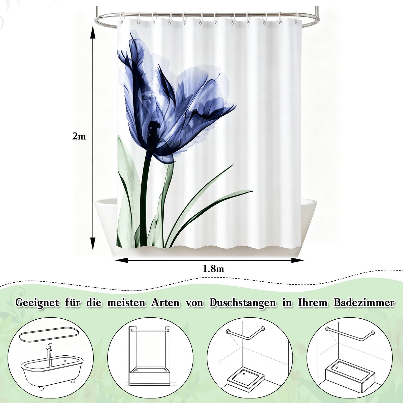 M&W DAS DESIGN Duschvorhang 180x200 Shower curtains Anti schimmel Waschbar lila Tulpen – Bild 2 von 5