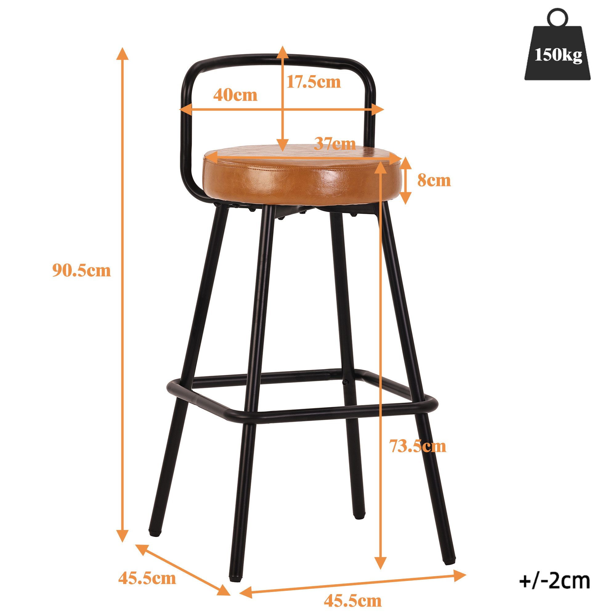 Flieks Barhocker Gestell aus Eisen in Schwarz, Bezug aus Kunstleder (Set, 2 St., B45,5/T45,5/H90,5 cm, mit verstellbaren Fußpolstern), 2er Set Barstühle Esszimmerstühle mit Rückenlehnen Braun