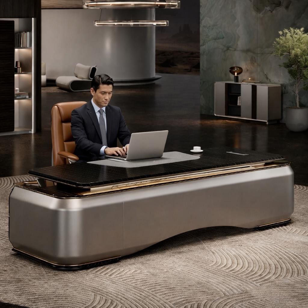 Xlmoebel Eckschreibtisch Luxuriöser Chefschreibtisch Imperium Nero Deluxe mit Gold-Details, Made in Europa