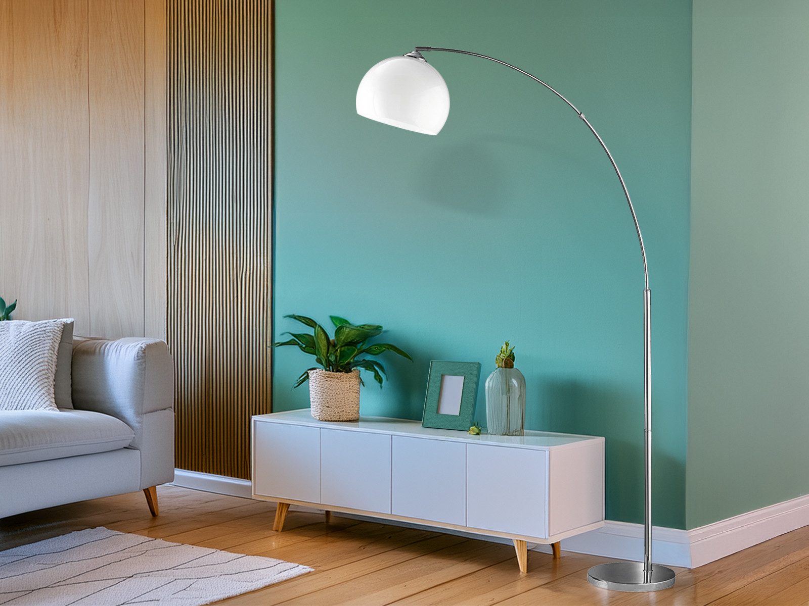 Reality Leuchten LED Bogenlampe, Dimmfunktion, LED wechselbar, Warmweiß, Bauhaus Bogen-stehlampe Esstisch große Ausladung ge-bogen, Höhe 180cm