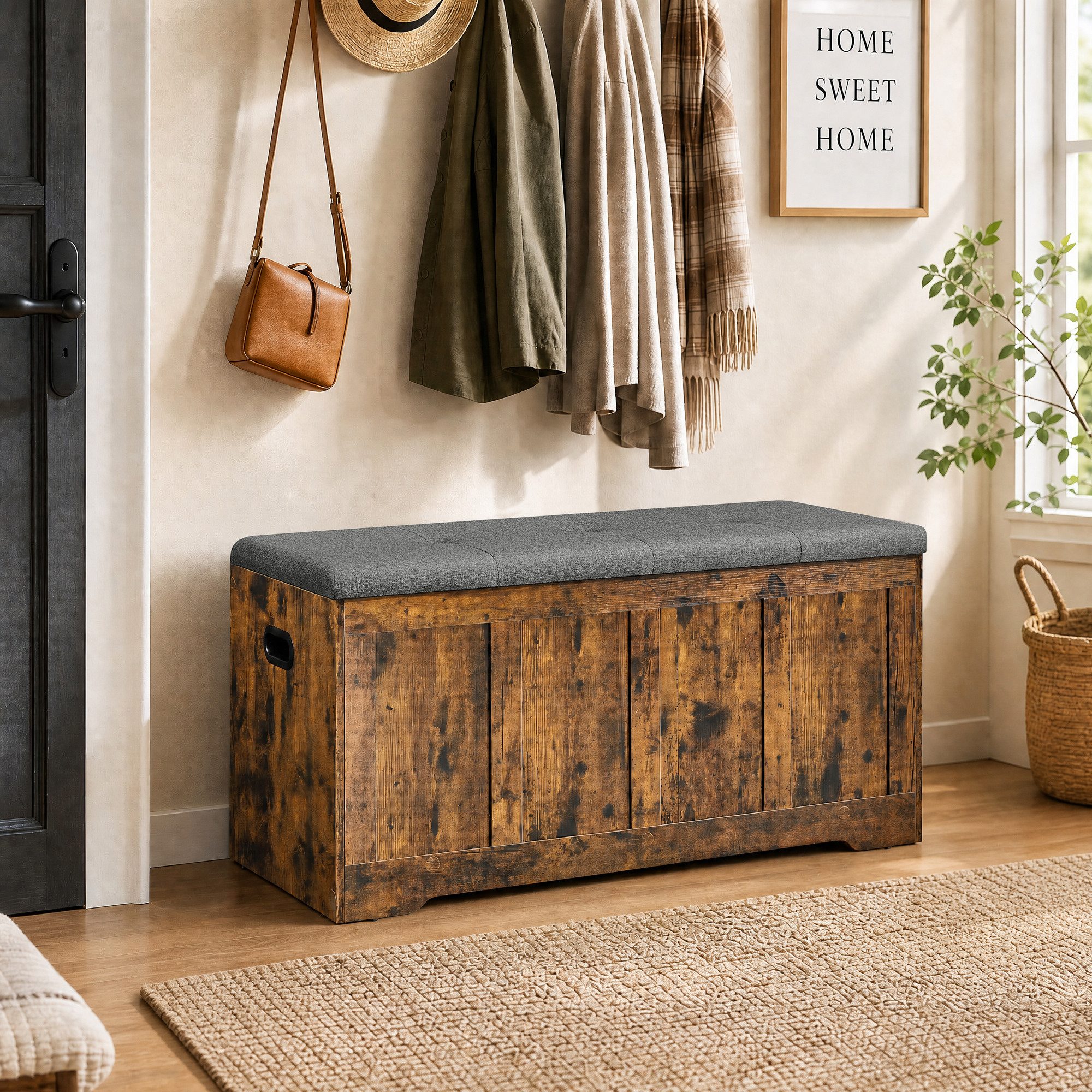 VASAGLE Schuhbank Truhe Schuhbank mit Stauraum, 41 x 101 x 49 cm, für Flur, Schlafzimmer, mit Deckel, Landhausstil – Bild 2 von 5