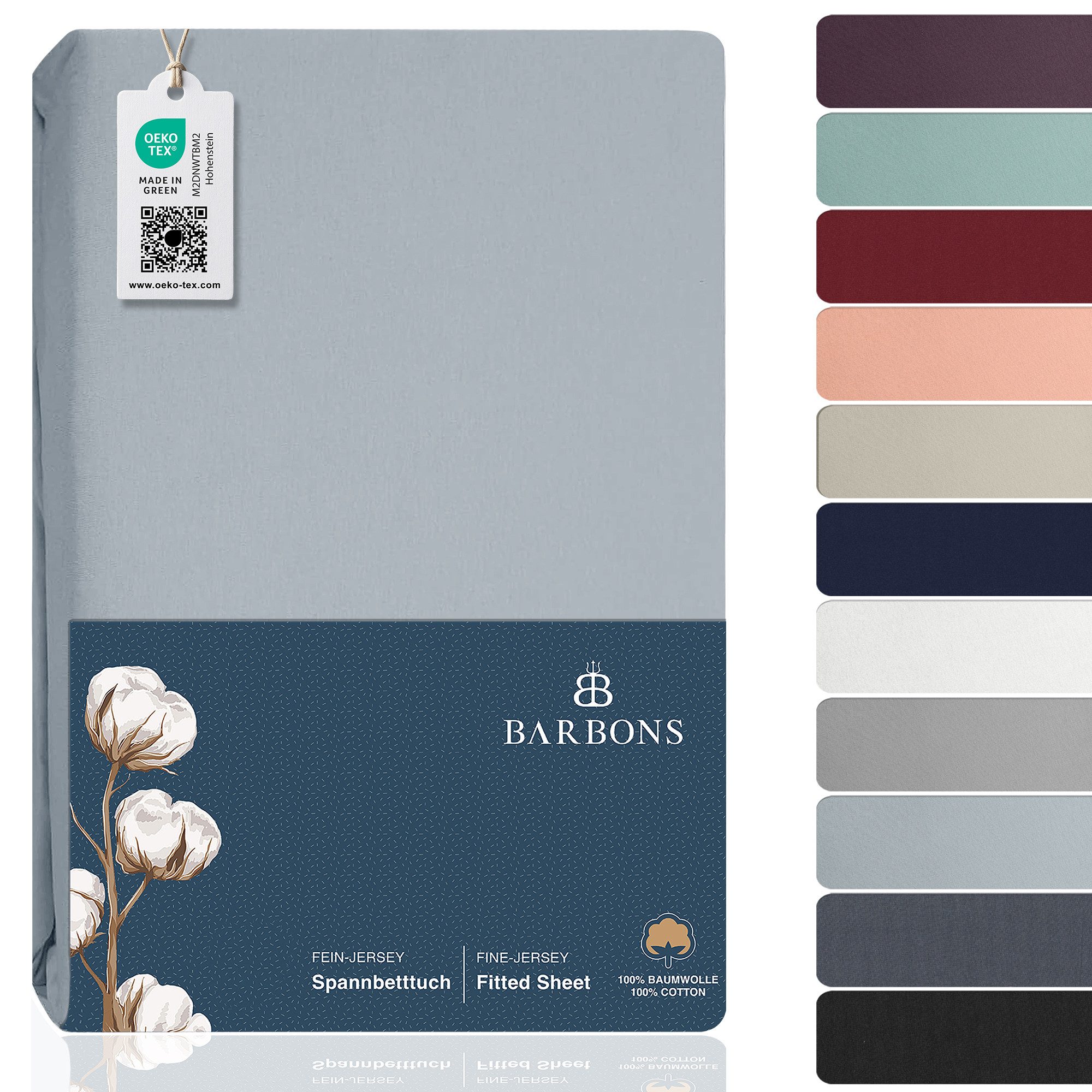 BARBONS Spannbettlaken Jersey Bettlaken, 145 g/m² Spannbetttuch, bis zu 25cm Höhe, Topper, Jersey aus 100% Baumwolle, Gummizug: rundum, (1 Stück), Rundumgummi, Atmungsaktiv