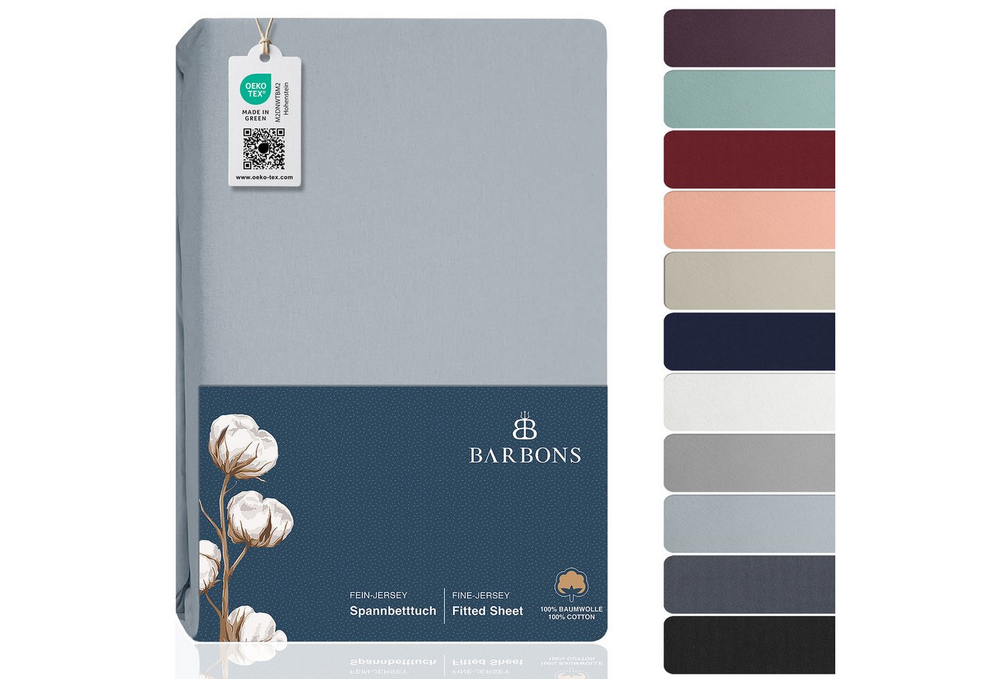 BARBONS Spannbettlaken Jersey Bettlaken, 145 g/m² Spannbetttuch, bis zu 25cm Höhe, Topper, Jersey aus 100% Baumwolle, Gummizug: rundum, (1 Stück), Rundumgummi, Atmungsaktiv