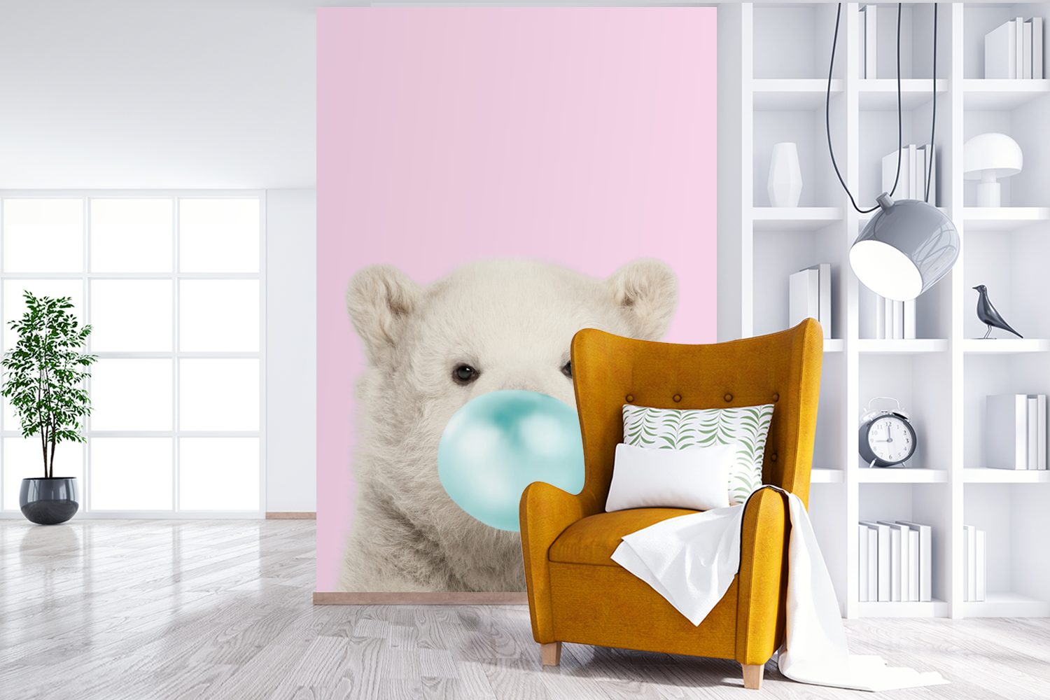 - Wohnzimmer, - Wandtapete Eisbär für bedruckt, Mädchen, Rosa Vinyl Matt, - (3 Tapete MuchoWow - St), Fototapete - Kinder Montagefertig Blau Kaugummi