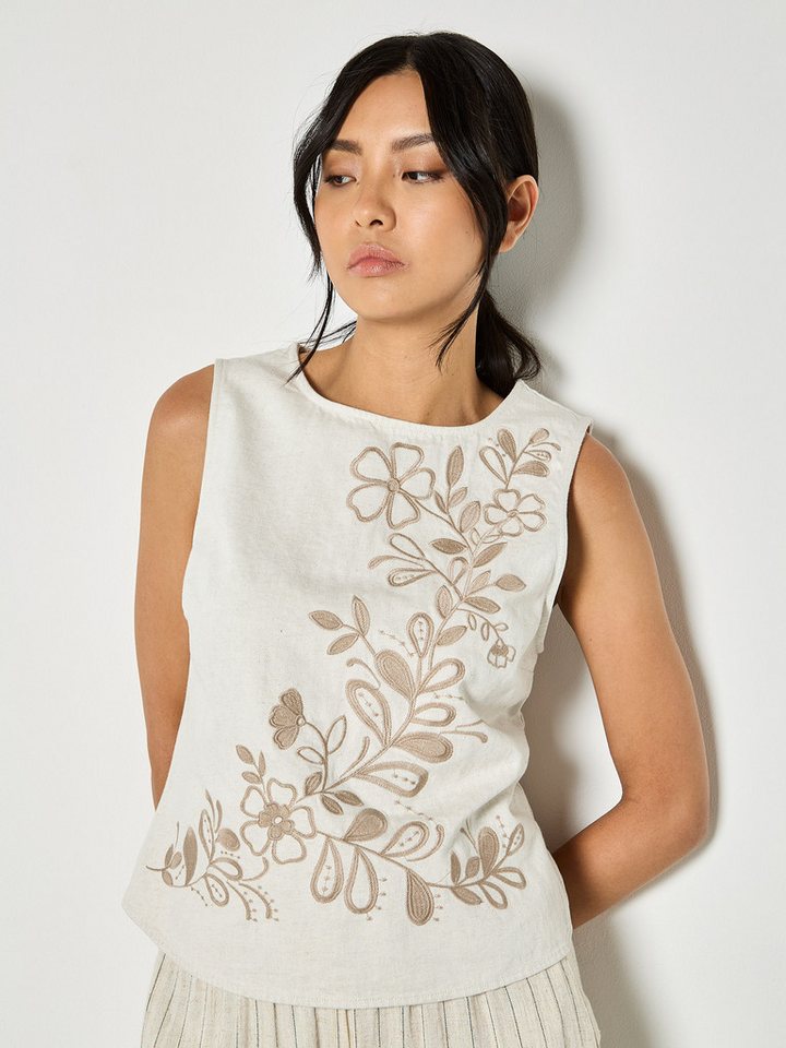 Apricot Spitzentop Denim-Oberteil mit Blumenstickerei