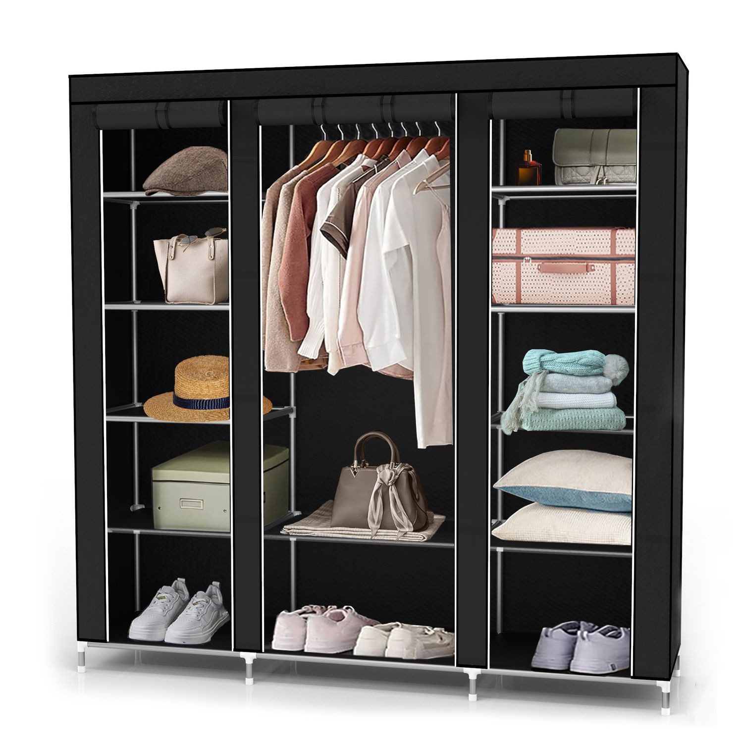 Intirilife Kleiderschrank Faltschrank Stoffschrank Kleiderschrank Steckschrank Kleiderstange (Faltschrank 150x175x45 cm in RABEN SCHWARZ, 1-St) Stoffschrank mit Reißverschluss, Kleiderschrank mit Stange und Fächer