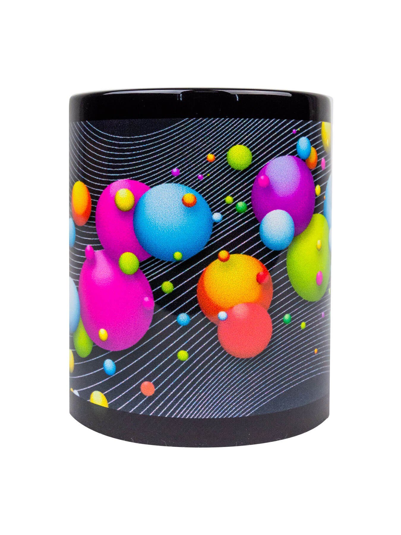 PSYWORK Tasse Fluo Cup Neon Motiv Tasse "Happy Bubbles", Keramik, UV-aktiv, leuchtet unter Schwarzlicht