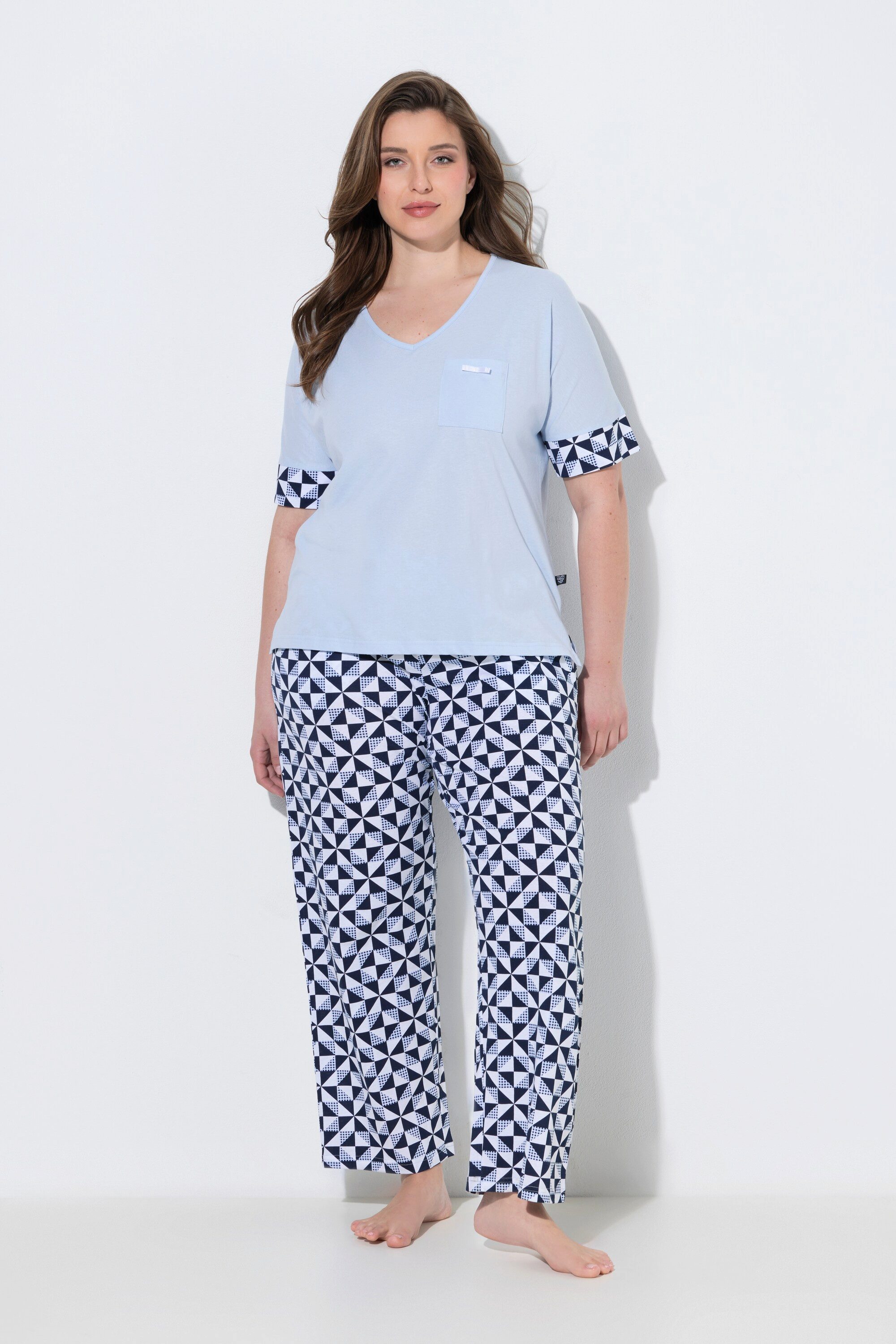 Ulla Popken Pyjama Pyjama Karo V-Ausschnitt Halbarm
