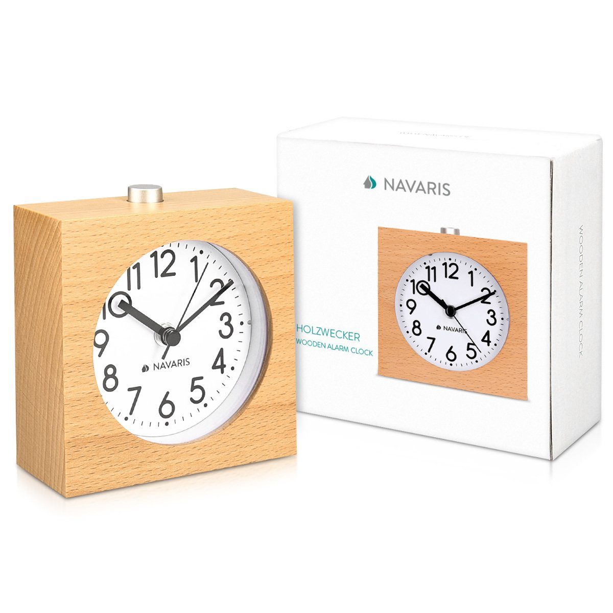 Naturholz - - Navaris Wecker mit im Uhr Design Viereck Holz Snooze Retro Wecker