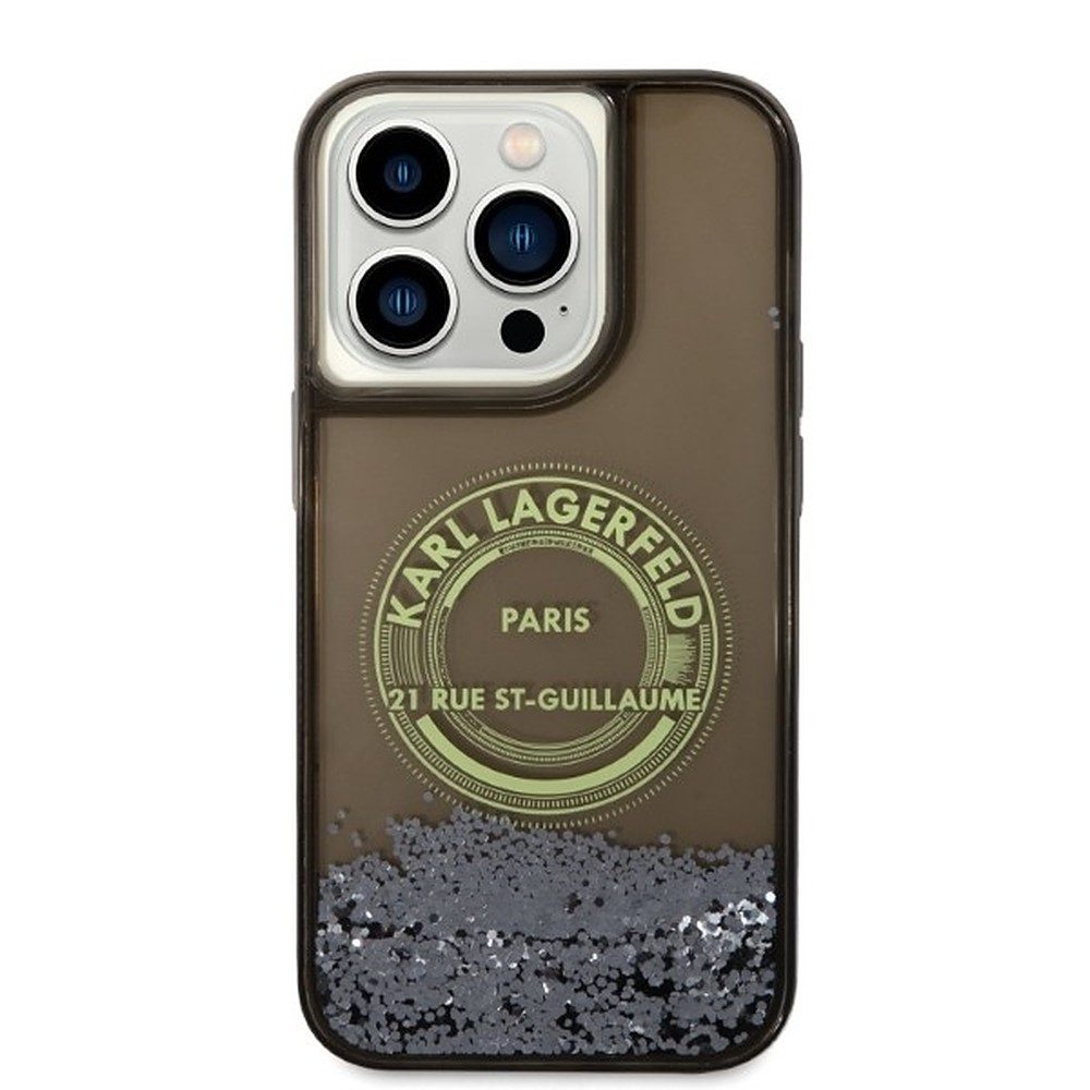 KARL LAGERFELD Handyhülle Schutzhülle Glitzerhülle Designerhülle 6,1 Zoll, Flüssigglitzer, Logo-Print, TPU/PC-Hartschale