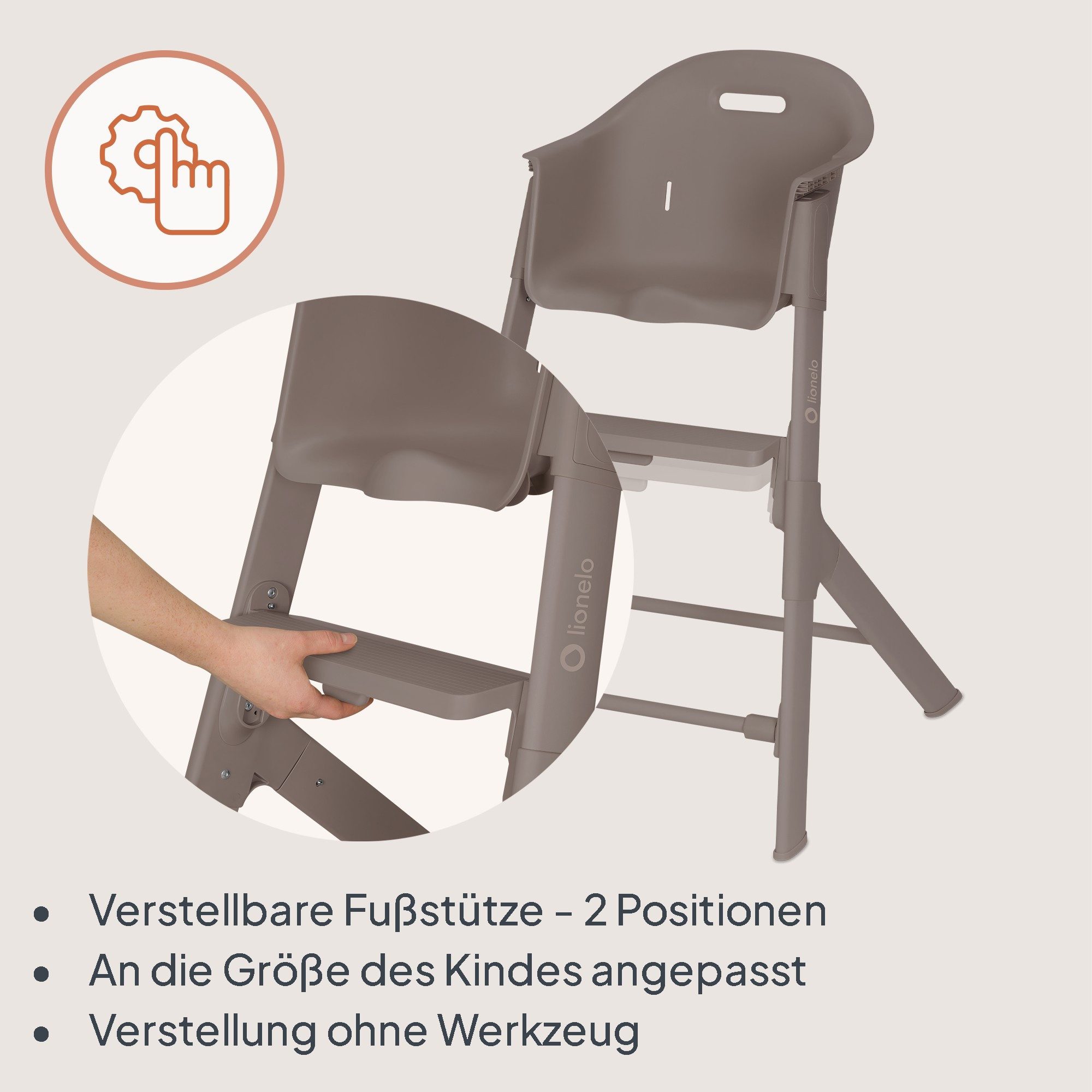lionelo Hochstuhl BENY (4-teiliges Set), 2-fach Tablett/2-fach Fußstütze/3-Punkt-Gurt/Werkzeuglos – Bild 4 von 5