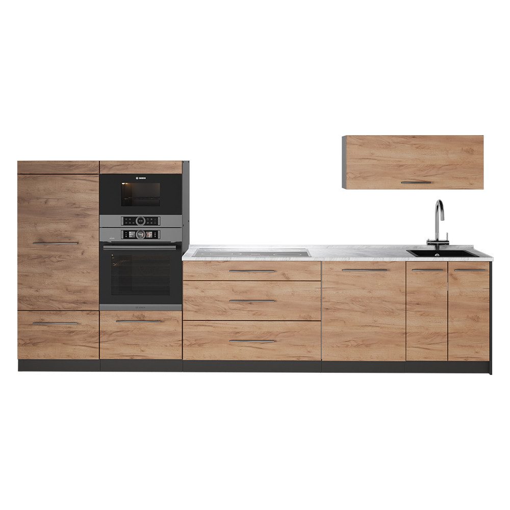 Vicco Küchenzeile Fame-Line, Goldkraft Eiche/Anthrazit, 340 cm, AP Marmor