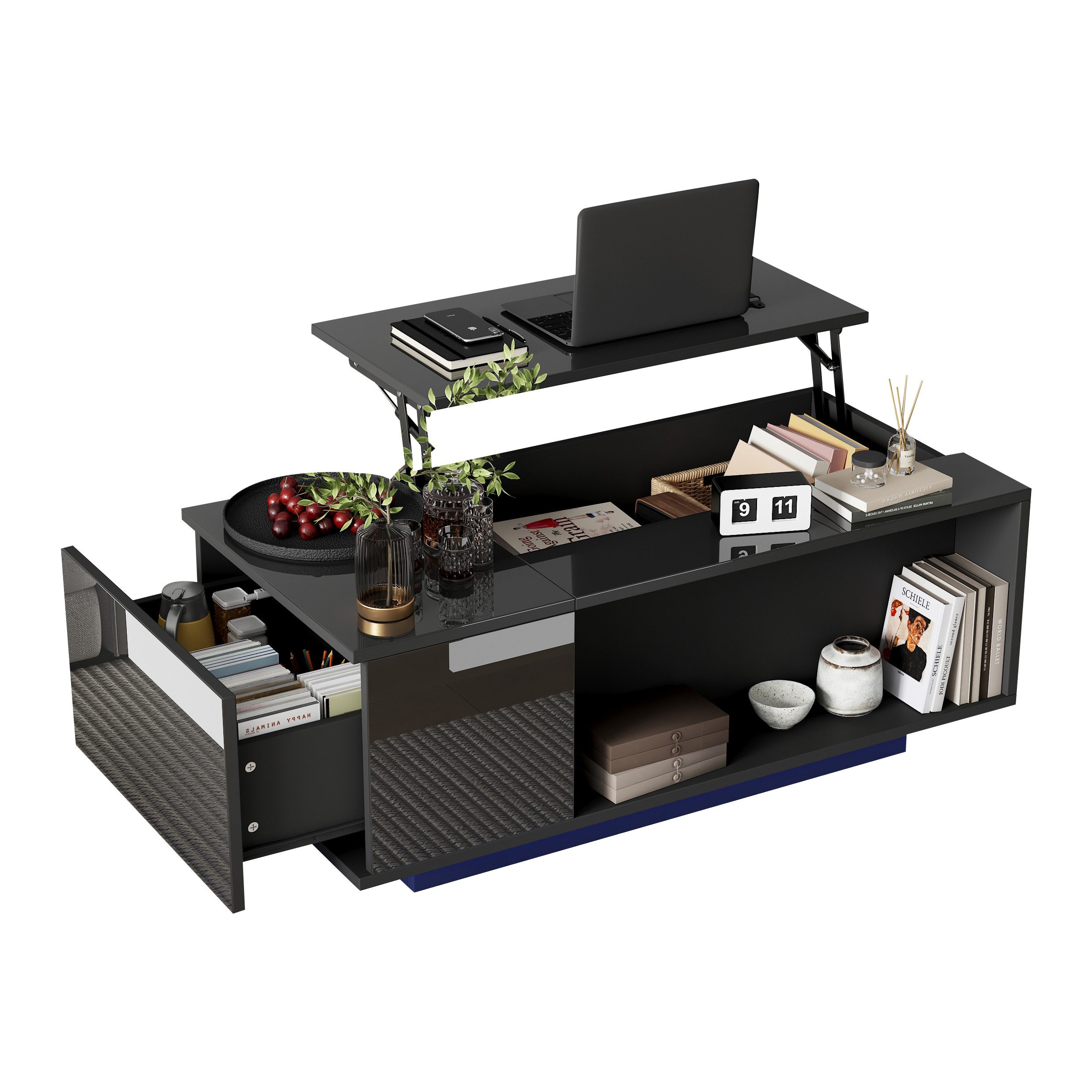 Merax Couchtisch hochglanz höhenverstellbarer Wohnzimmertisch mit LED-Beleuchtung (1-St), Sofatisch mit hydraulischem Lift, verstecktem Stauraum, Schublade