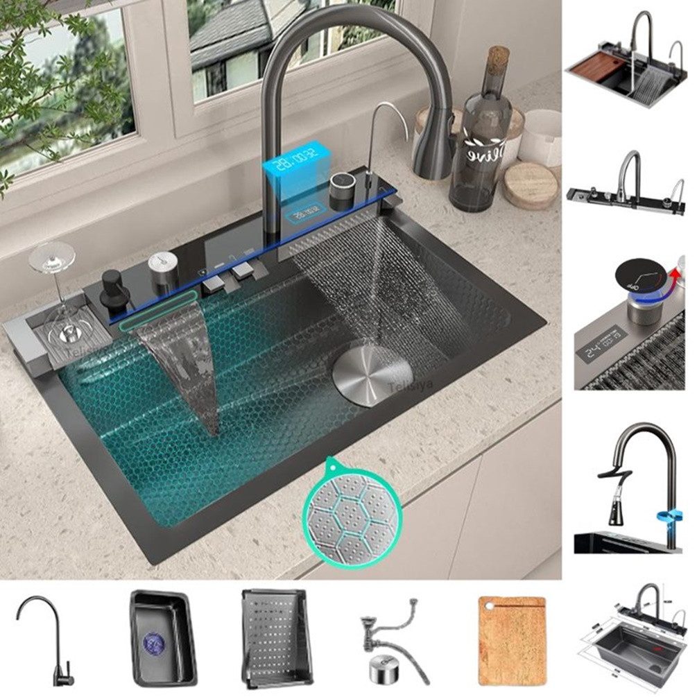 Faizee Home Küchenspüle Nano Innovative Wasserfall Geschirrspülbecken 75 x 45 cm mit Armatur