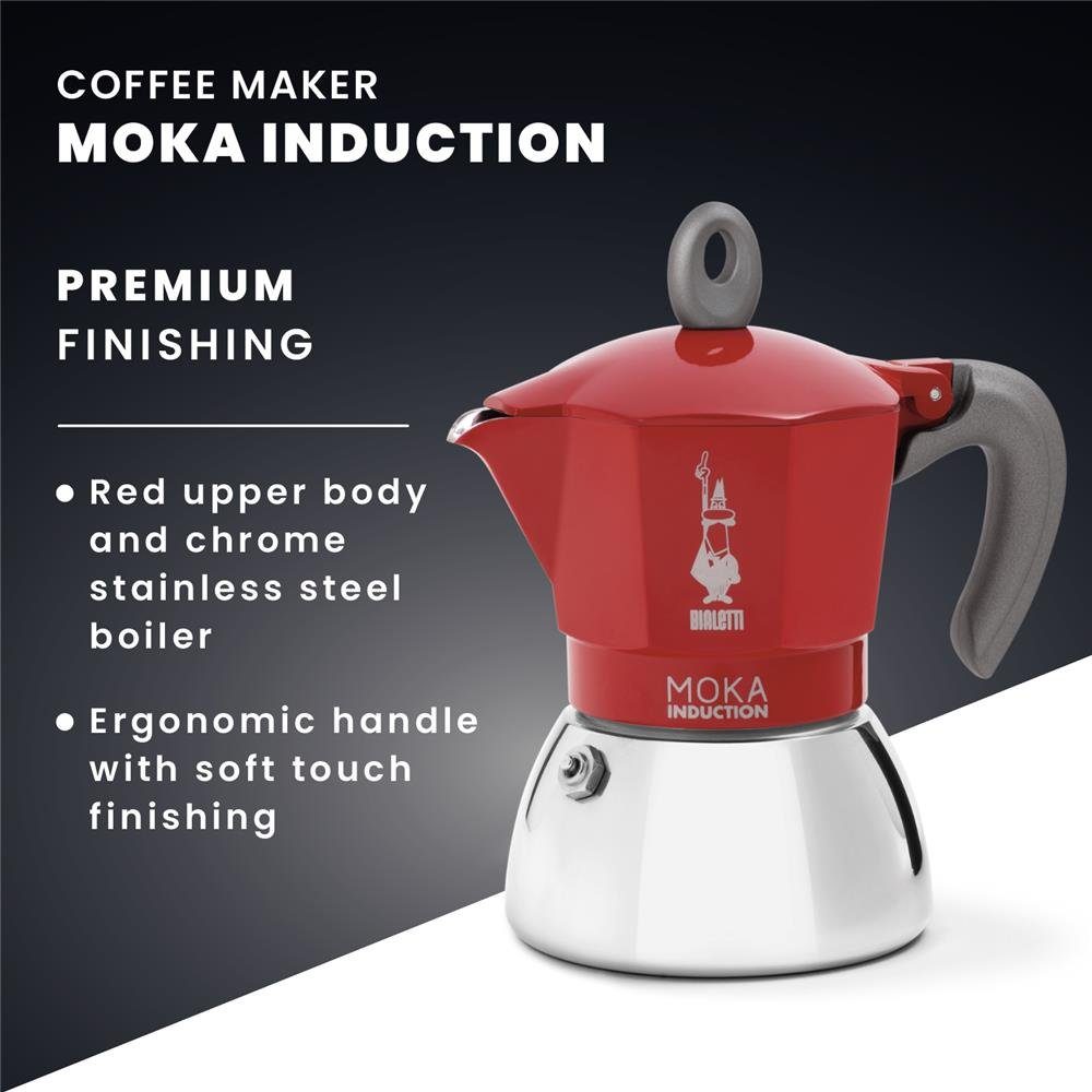 Aluminium/Stahl, Moka New Herd Rot Espressokocher Kaffeekanne, für Camping, und Tassen, Induktion 6 BIALETTI geeignet, 0,28l für