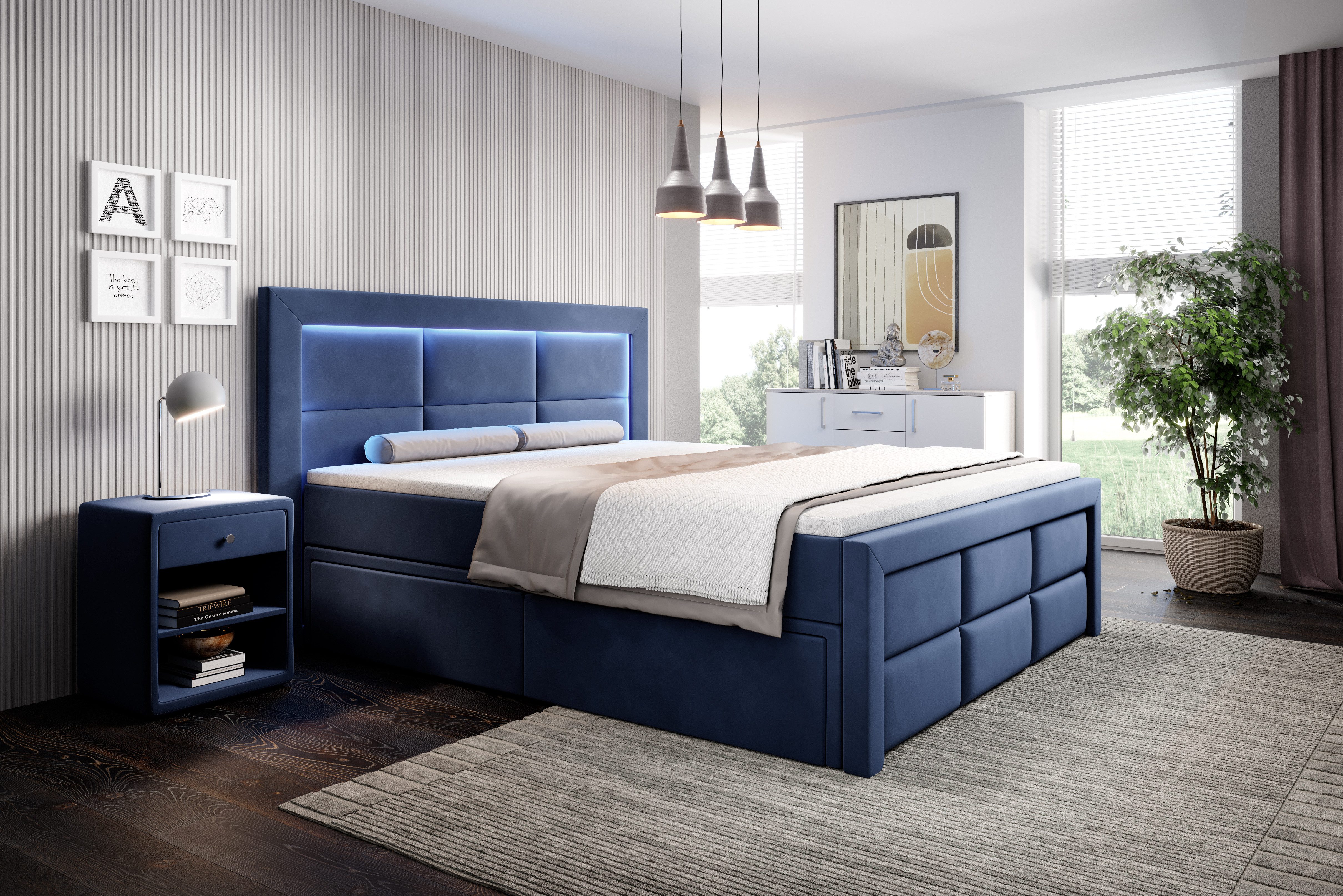 PROMETO Möbel Boxspringbett Schlafbett mit 2 Schubladen Bettkasten 180x200cm LED Beleuchtung (2 Schubladen, Taschenfederkernmatratze 7 Zonen, Topper)