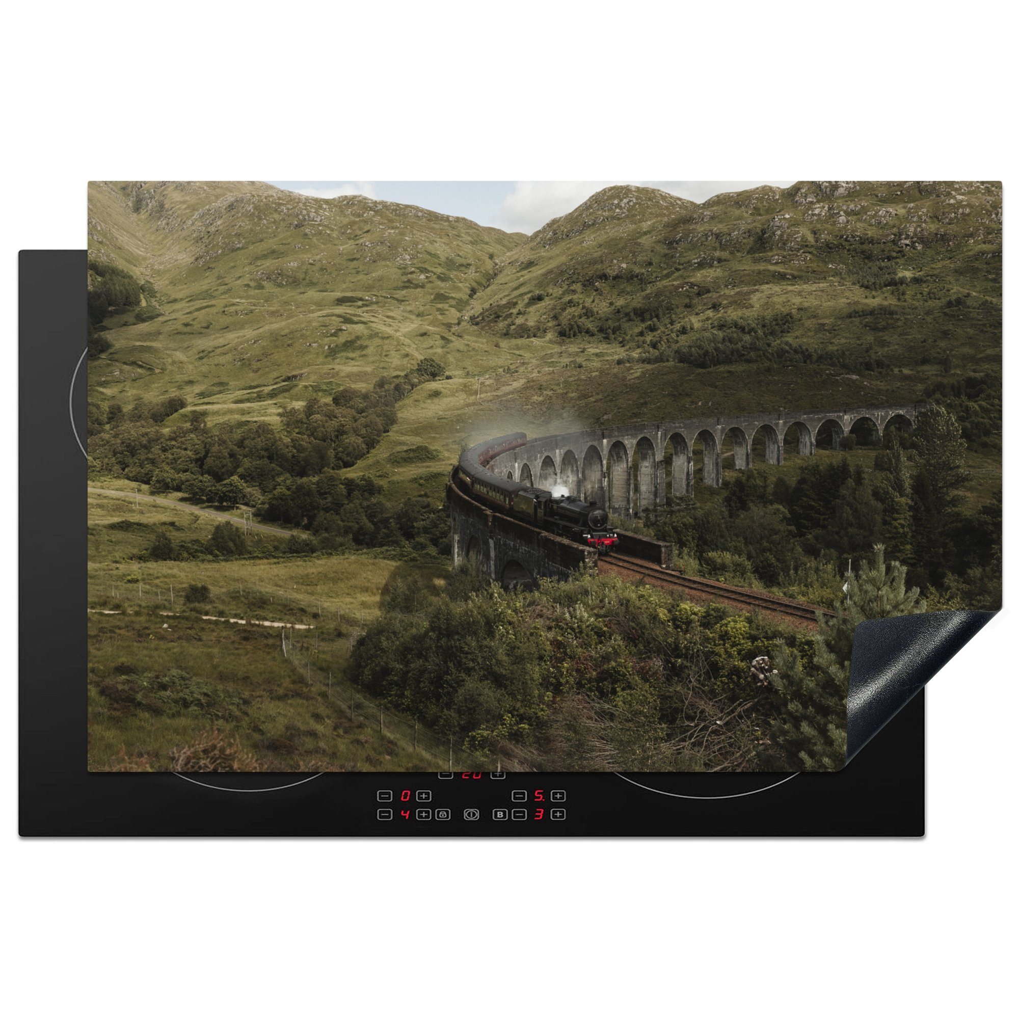 MuchoWow Herdblende-/Abdeckplatte Schottland - Zug - Brücke, Vinyl, (1 tlg), 81x52 cm, Induktionskochfeld Schutz für die küche, Ceranfeldabdeckung