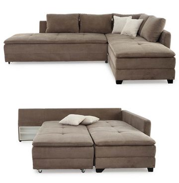 luma-home Ecksofa 15162, Dauerschläfer 307x223 cm, Schwenkteil L/R, Bettkasten, Nachtkonsole, Boxspring, Federkern, Wellenunterfederung, Topper, Bezug Cord Braun Taupe