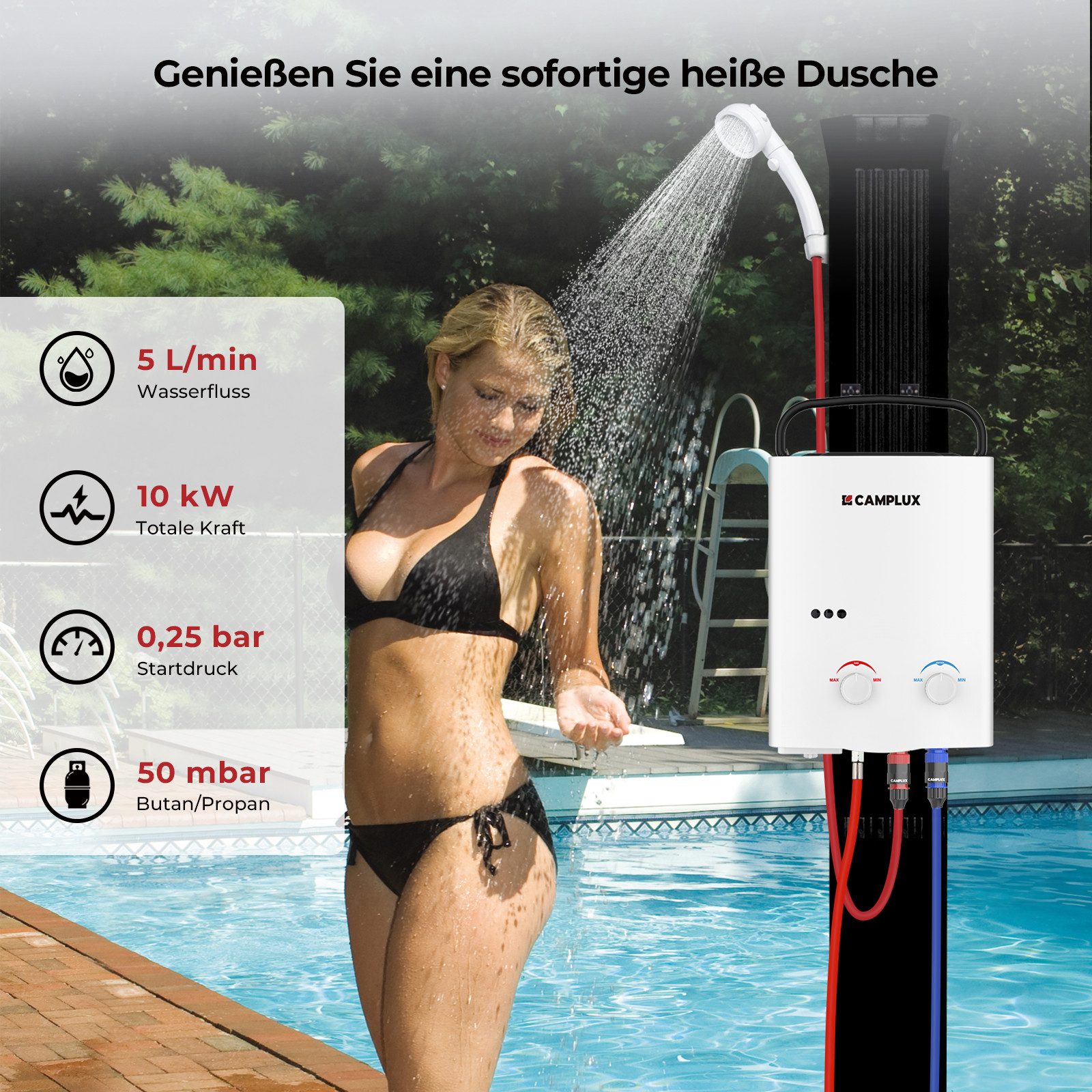CAMPLUX Durchlauferhitzer AY132-DE, 50 mbar, min. 10 °C, max. 65 °C, LPG Propan 10 kW Durchlauferhitzer für Wohnmobil, Camping & Dusche