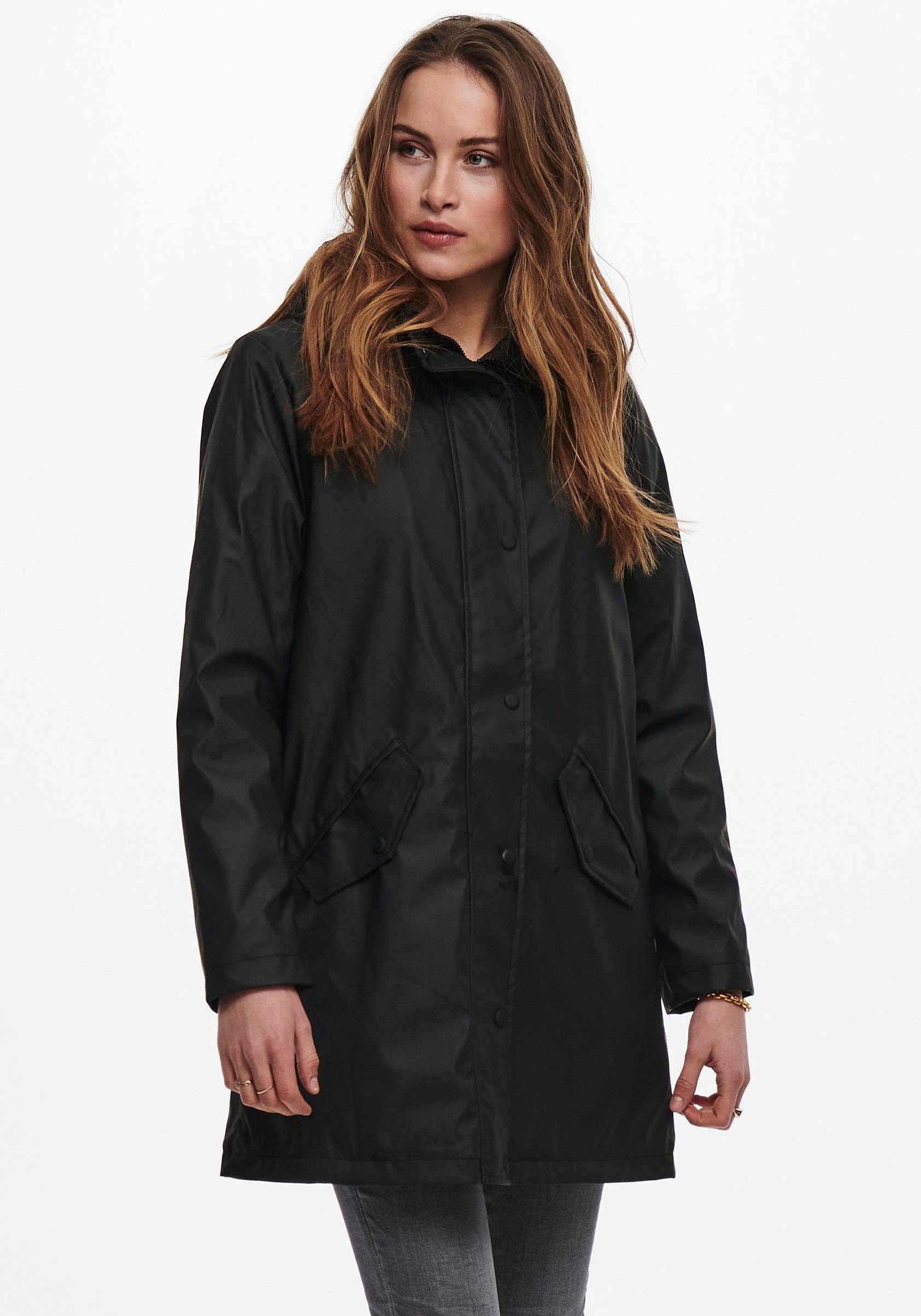 ONLY Regenmantel ONLSALLY RAINCOAT mit Kapuze und Teddyplüschfutter schwarz